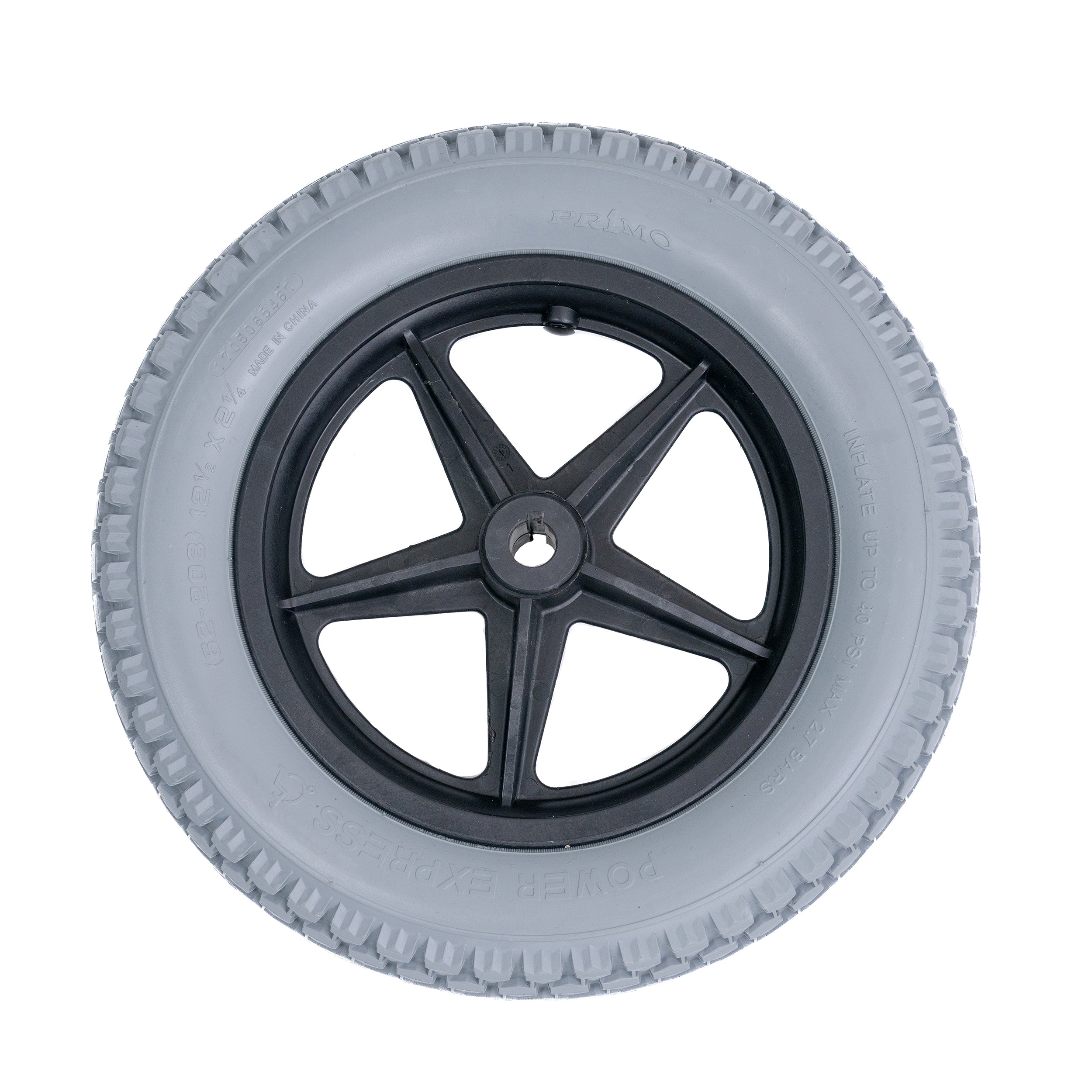 12-1/2x2-1/4 Foam-Filled Drive Wheel Assembly for Invacare Power Chairs featuring a black 5-spoke rim, knobby tread tire, and foam fill insert, designed for various Invacare models.