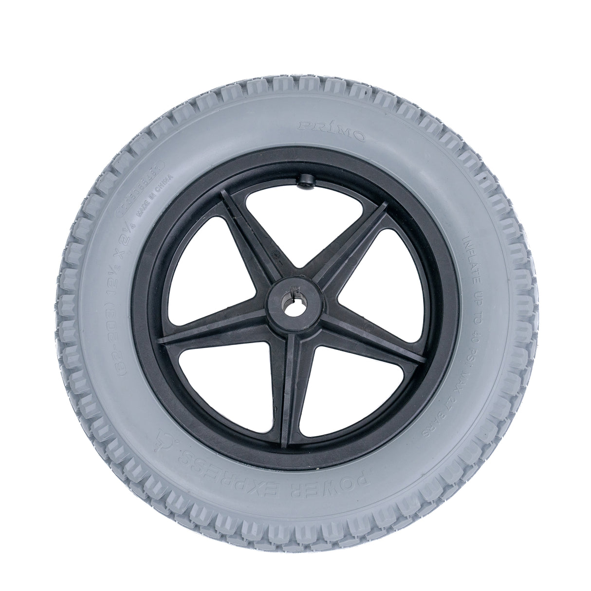 12-1/2x2-1/4 Foam-Filled Drive Wheel Assembly for Invacare Power Chairs, featuring a black 5-spoke rim and knobby tread tire, designed for various Invacare models including Nutron series and Power Tiger.