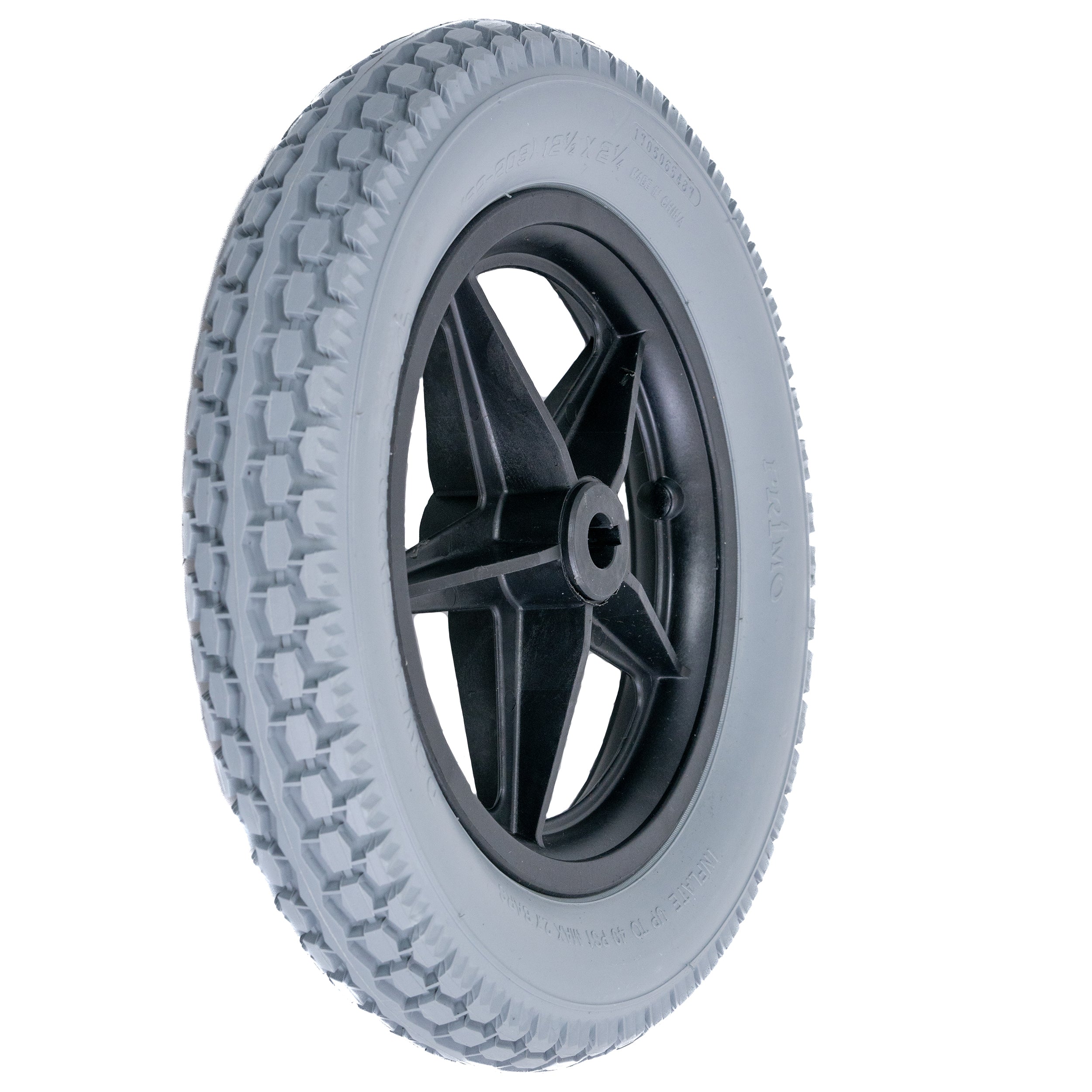 12-1/2x2-1/4 Foam-Filled Drive Wheel Assembly for Invacare Power Chairs, featuring a black 5-spoke rim and knobby tread tire with a foam fill insert.