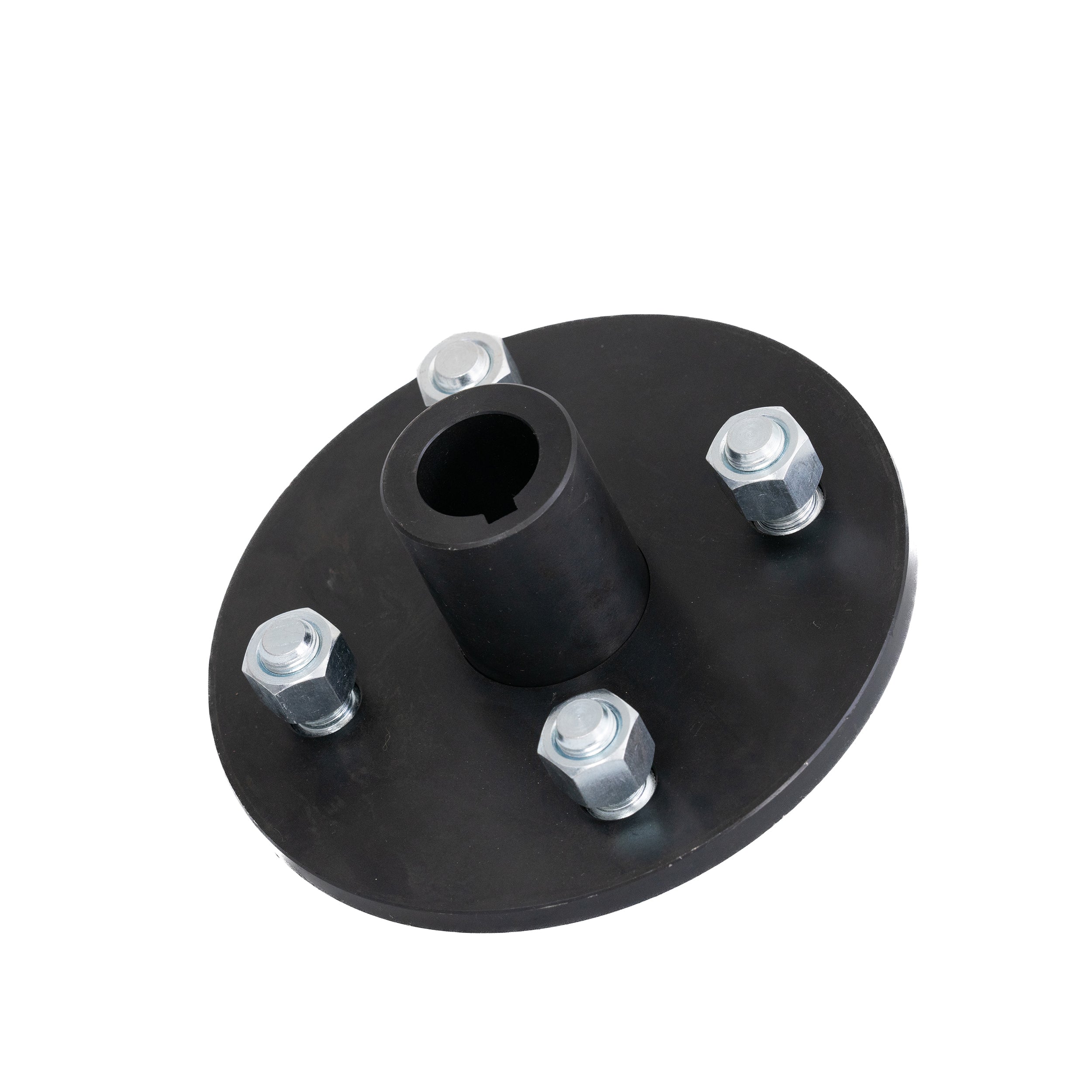 Heavy-Duty Rear Wheel Hub with 1 Bore for Go-Karts, featuring a robust black circular design with visible silver bolts and nuts, suitable for custom-built offroad go-karts with a 1 rear axle diameter.