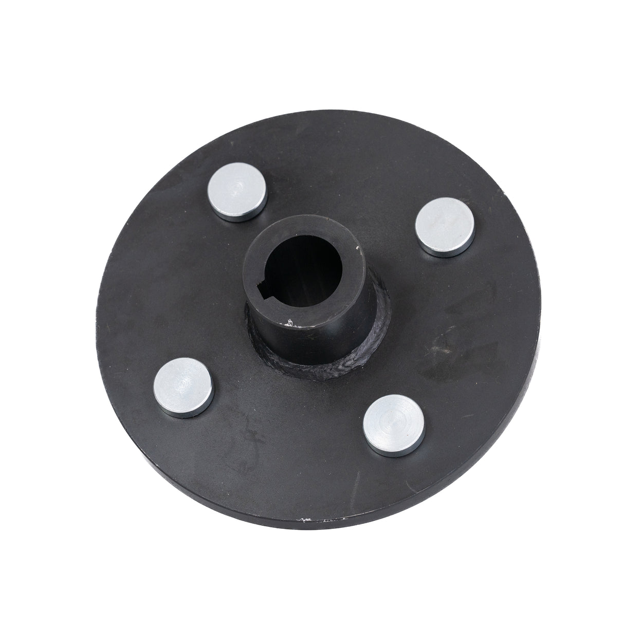 Heavy-Duty Rear Wheel Hub with 1 Bore for Go-Karts (Blemished) - A black metal circular hub with silver screws, designed for durability and compatibility with 1 rear axle go-karts.