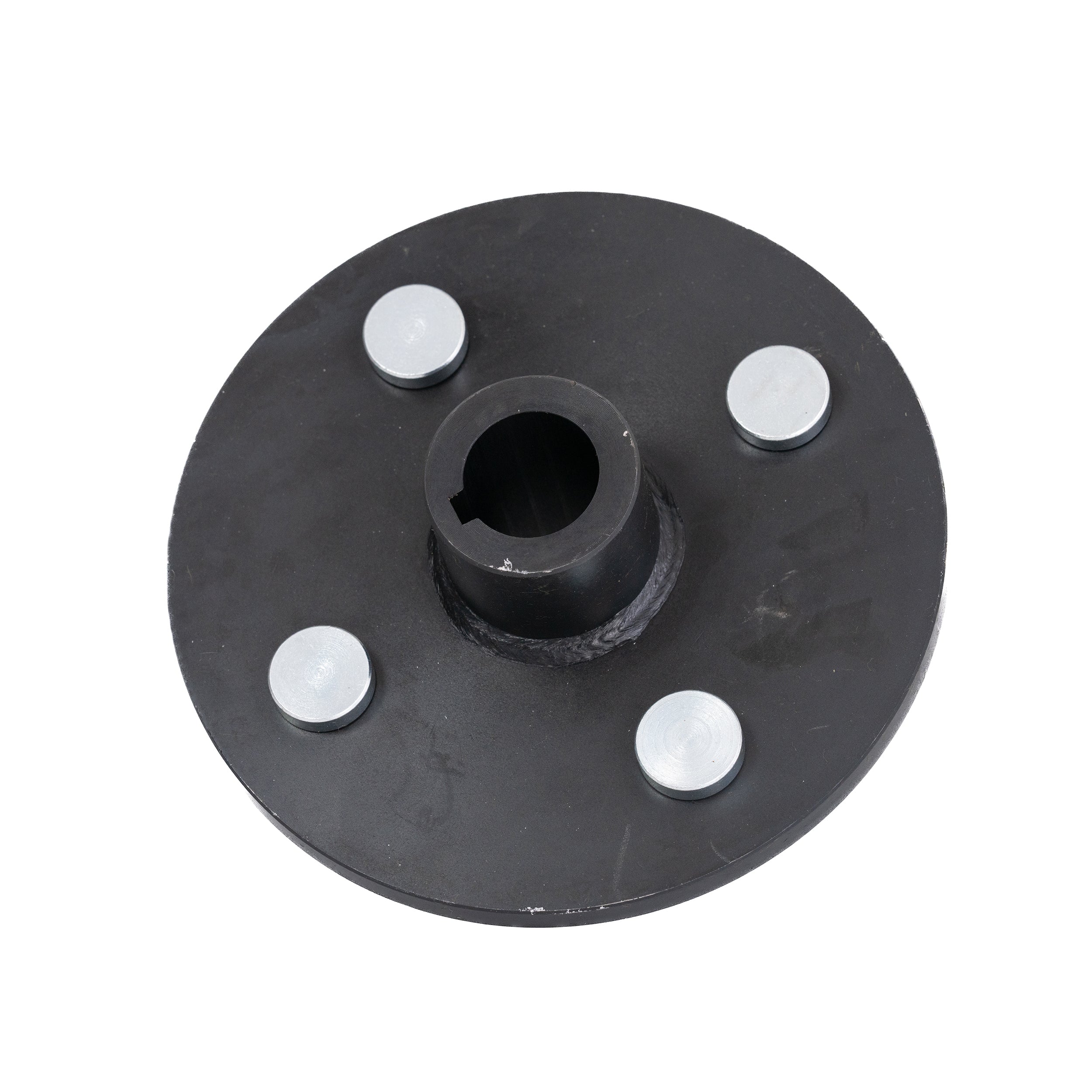 Heavy-Duty Rear Wheel Hub with 1 Bore for Go-Karts featuring a robust black metal cylindrical design with silver screws, ideal for custom-built offroad go-karts.