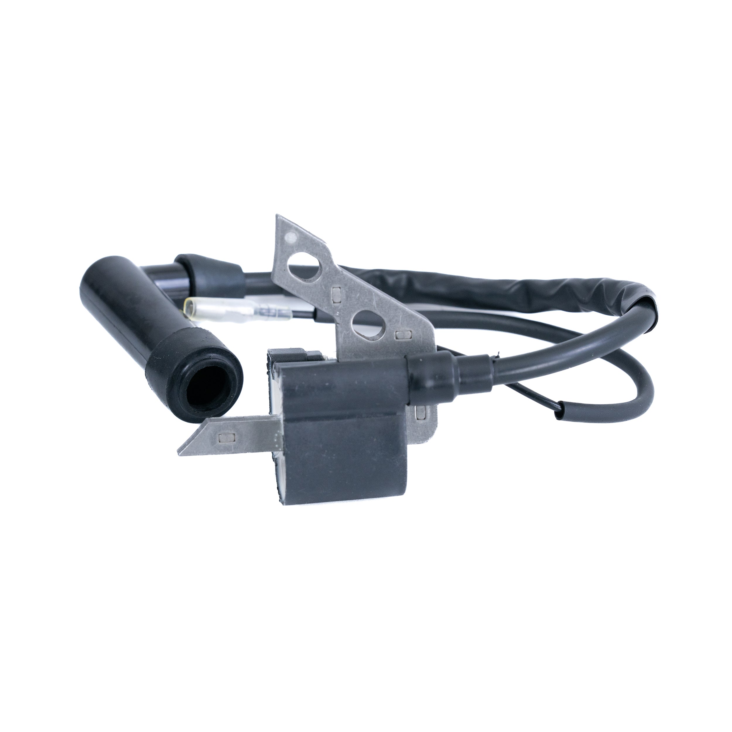 Ignition Coil for Coleman CC100X & CT100U Trail Mini Bikes featuring a black electrical wire, metal handle, and detachable black cable. Close-up shows coil's intricate details essential for compatibility checks.