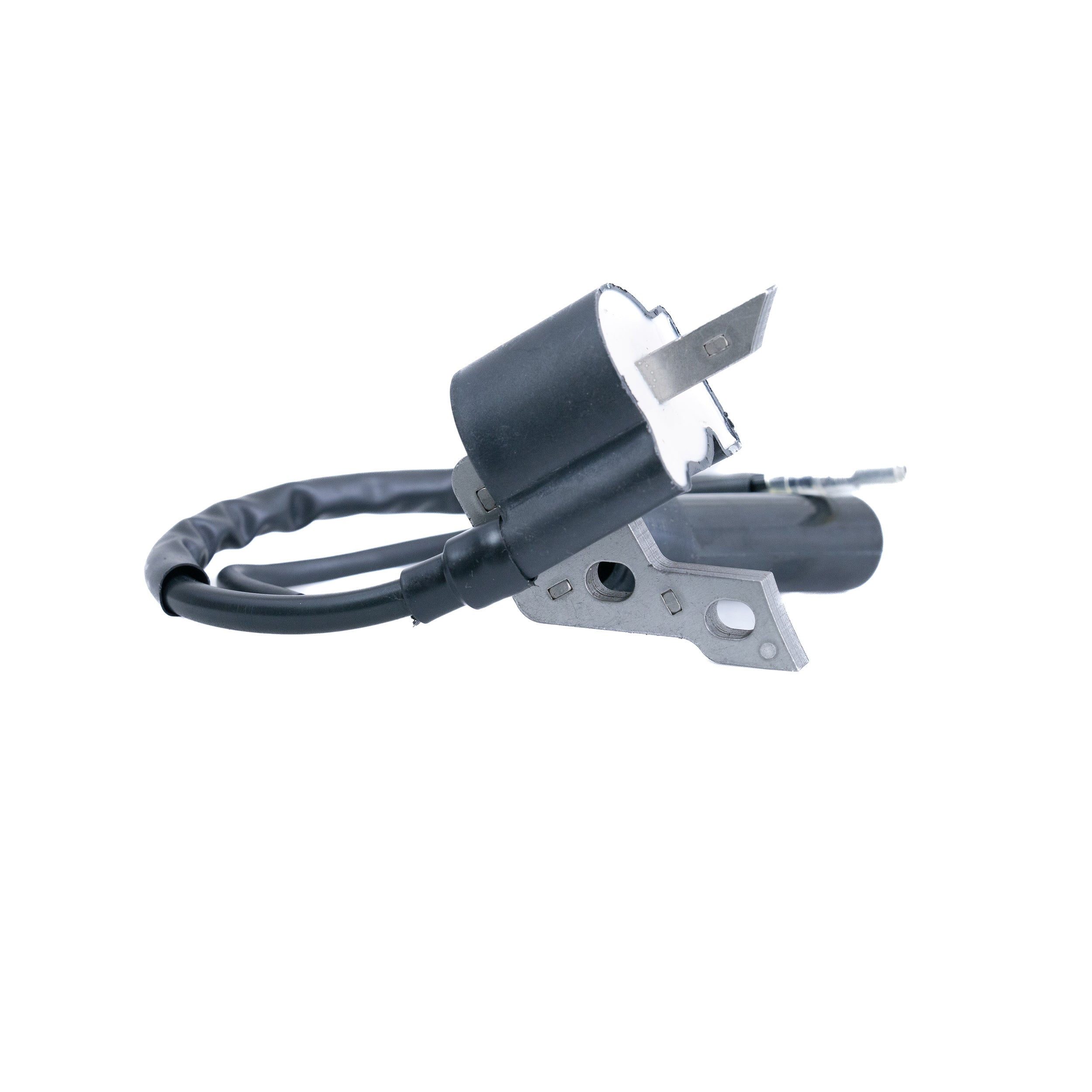 Ignition Coil for Coleman CC100X & CT100U Trail Mini Bikes, featuring a black electrical plug with an attached wire, and an additional detachable black wire. Suitable for 79cc to 98cc horizontal shaft engines.