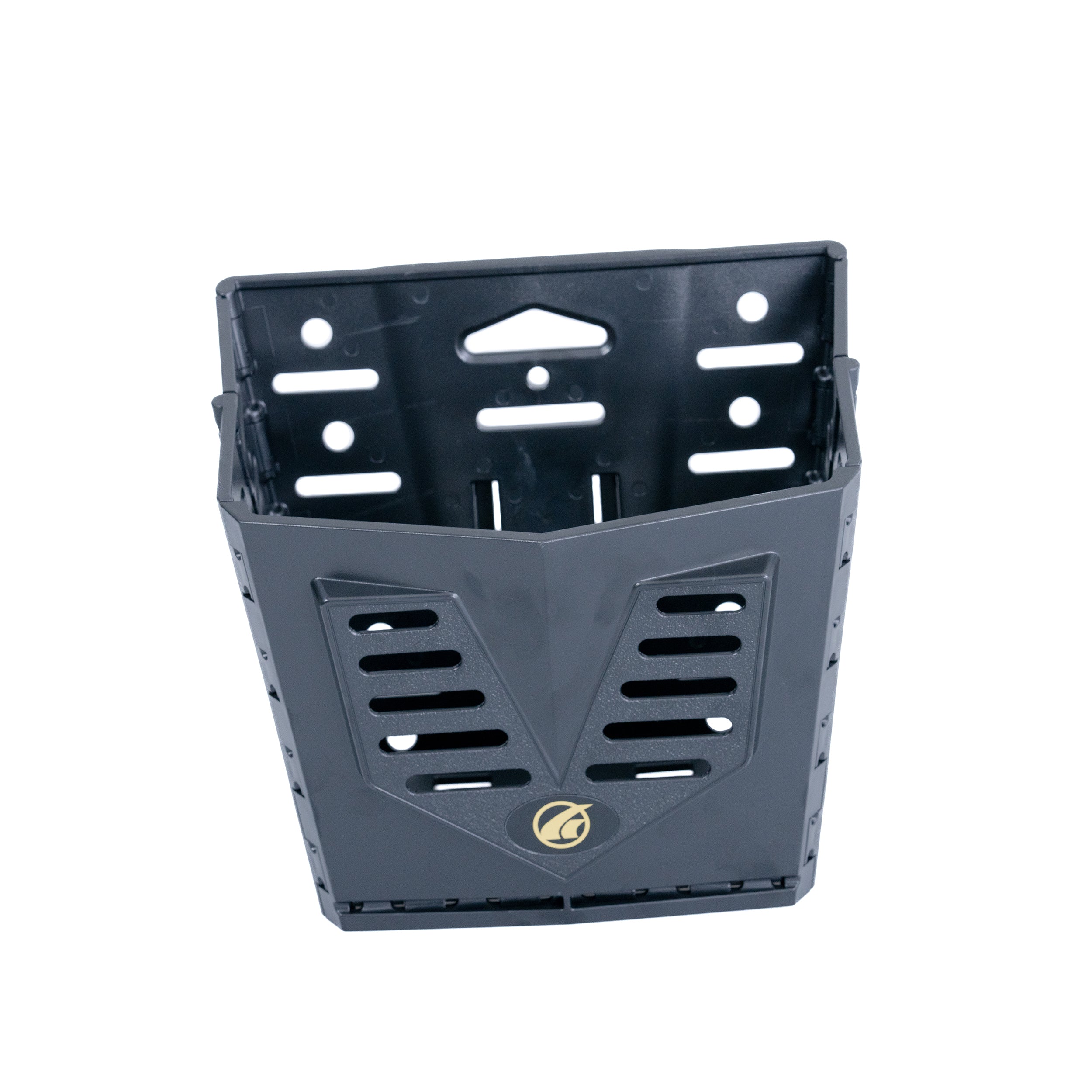 Foldable Front Basket for the Golden Buzzaround CarryOn (GB120) shown as a black plastic container with holes, designed to fold flat against the tiller when not in use.