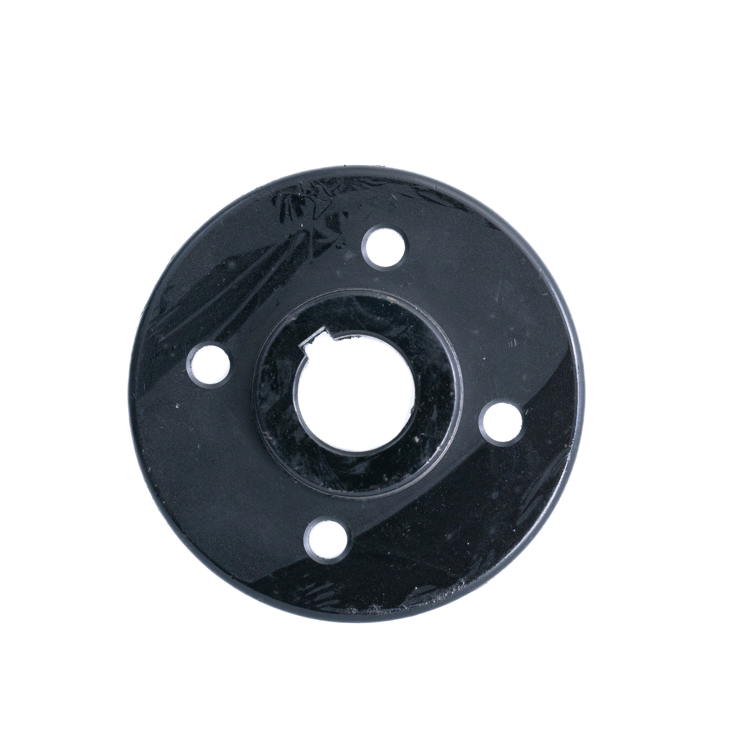 Rear Hub for Shoprider Sprinter XL4 Deluxe: A black circular component with multiple holes, designed to mount wheel assembly rims to the scooter's transaxle, attached via four hex head bolts (not included).