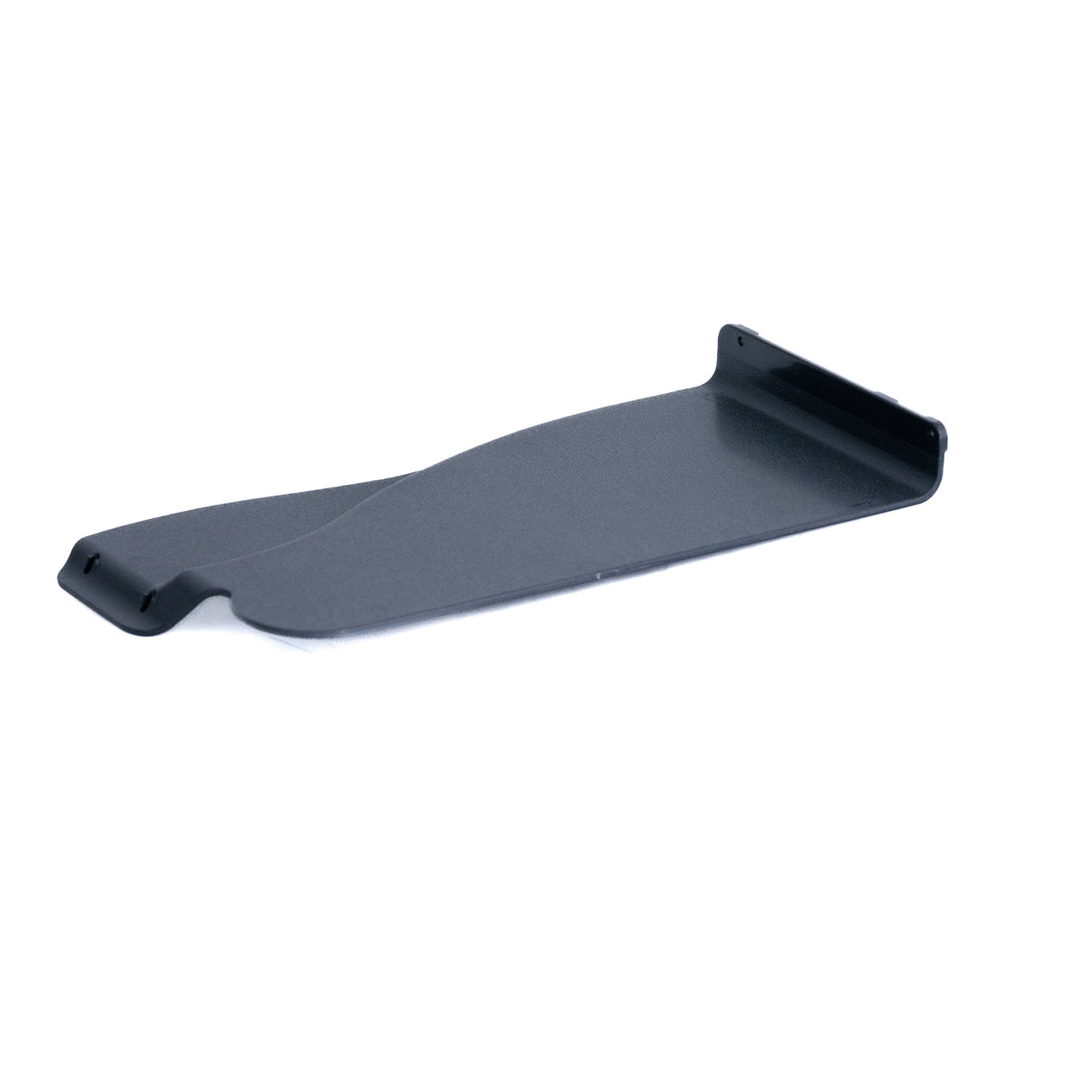 12-3/8 Desk Length Clothing Guard for Invacare Tracer & 9000 Series Wheelchairs, shown close-up in black plastic with mounting holes, designed to fit under armrest pads for rider protection.