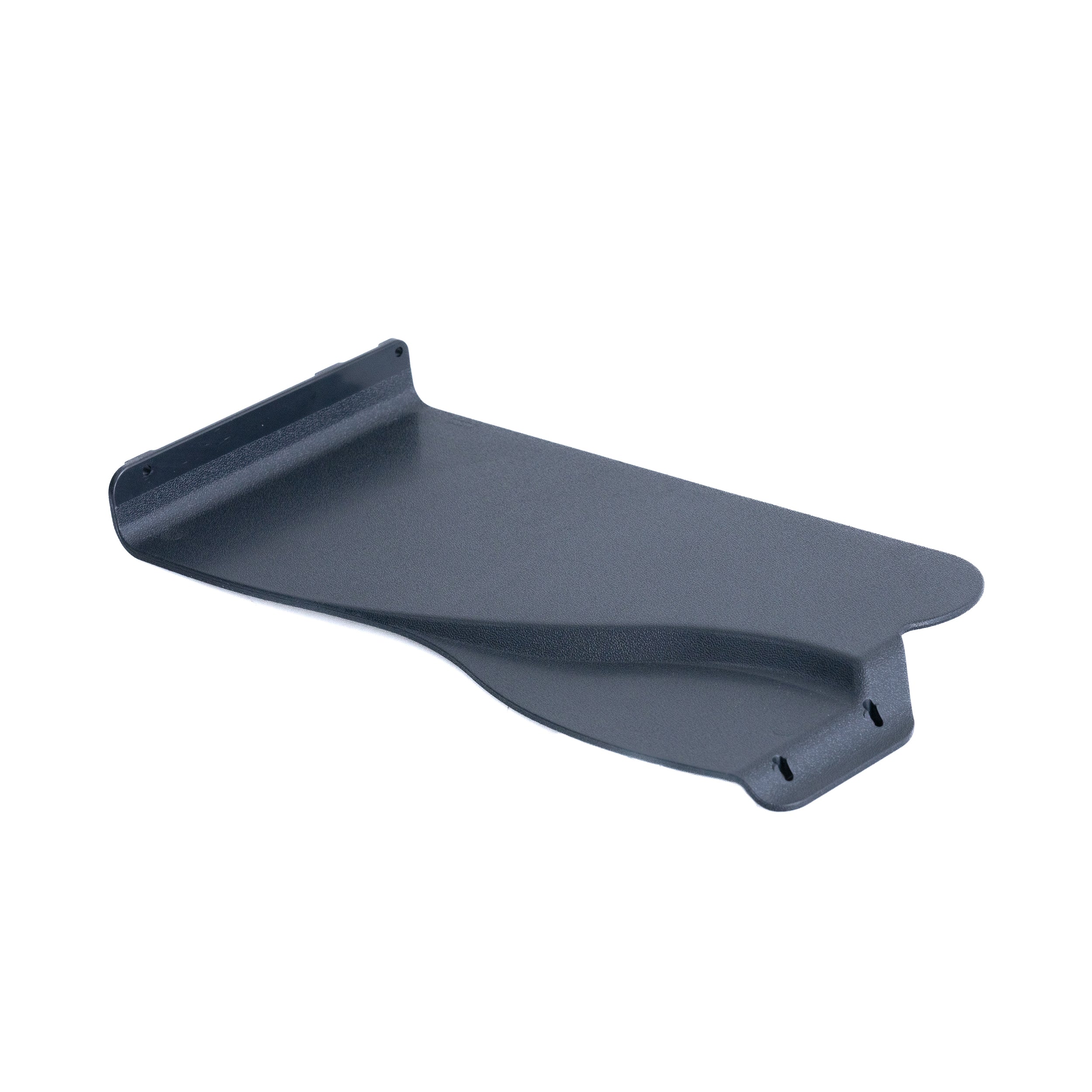 12-3/8 Desk Length Clothing Guard for Invacare Tracer & 9000 Series Wheelchairs: A black plastic shield with multiple holes, designed to mount under armrest pads for protecting clothes.