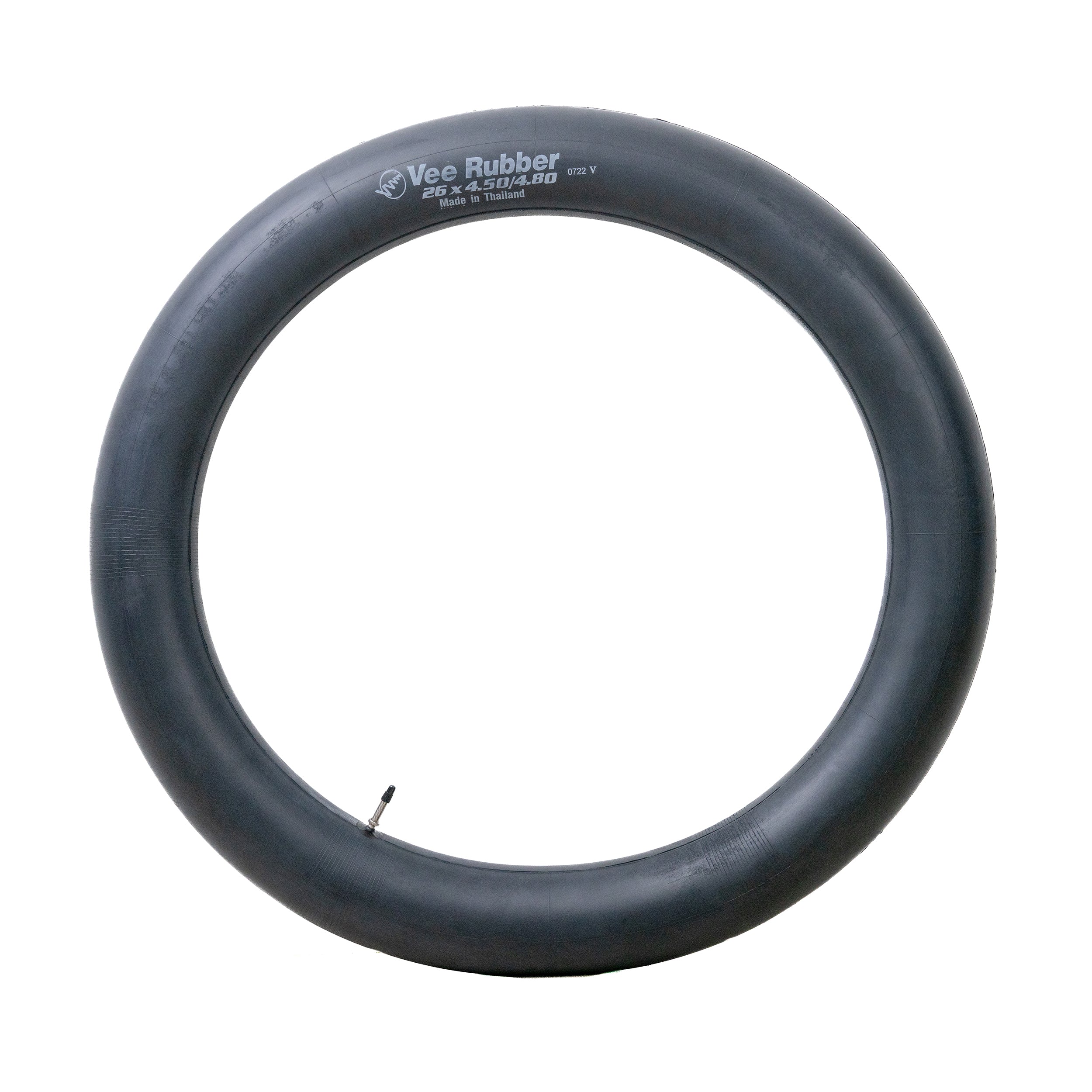 26x4.5-4.8 Bicycle Inner Tube with 33mm Presta Valve, shown as a close-up image of a black rubber tire with a circular hole in the middle.