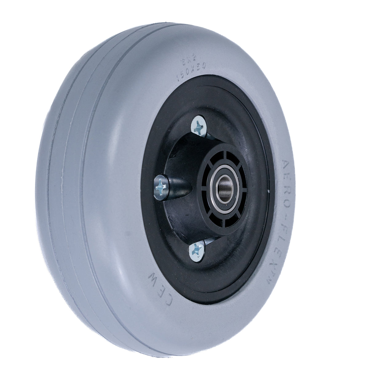 6x2 AeroFlex Caster Wheel Assembly with 2-Rib Tread for Invacare Power Chairs, showing a black rubber rim and solid urethane tire, with visible pre-installed caster wheel bearings.