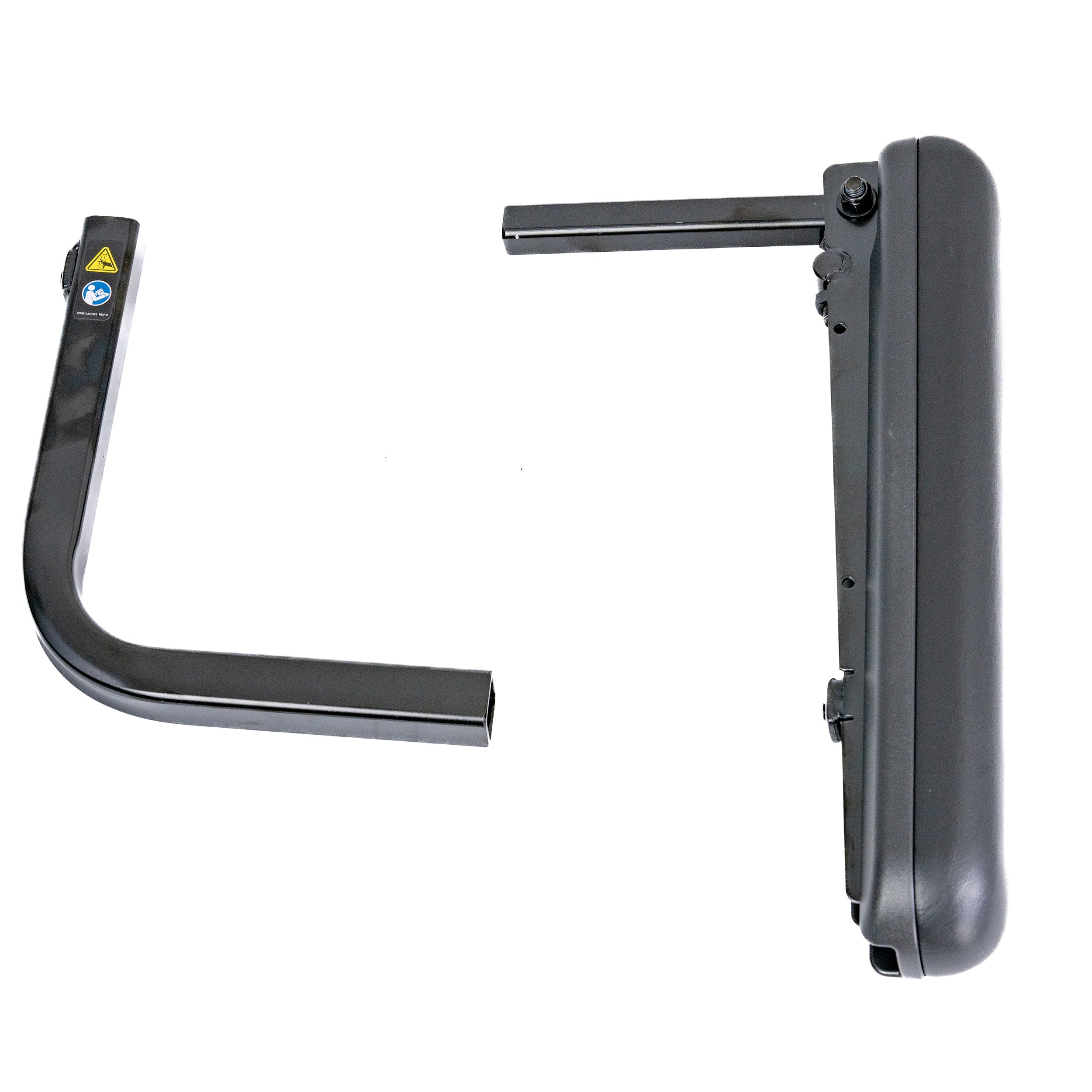 Height Adjustable Armrest Assembly for the Comfort Seating on the Quantum Q6 Edge, featuring a black metal armrest with a curved corner, yellow-white logo, and complete assembly components including armpad and seat bracket.