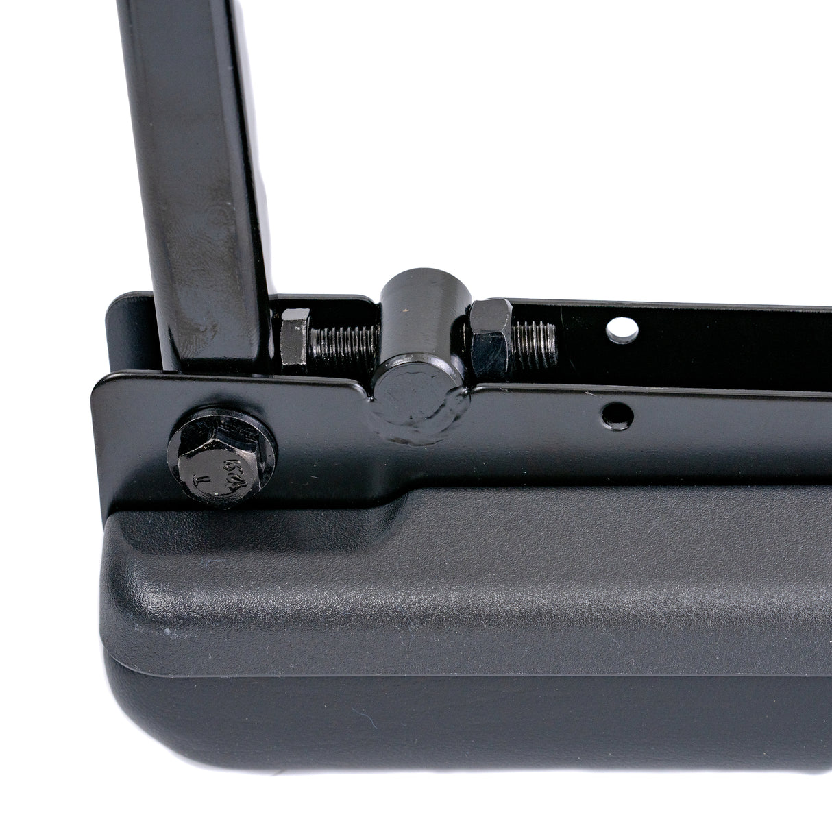 Height Adjustable Armrest Assembly for the Comfort Seating on the Quantum Q6 Edge, featuring a black metal handle with a plastic case, complete with bolts, nuts, and washers for installation.