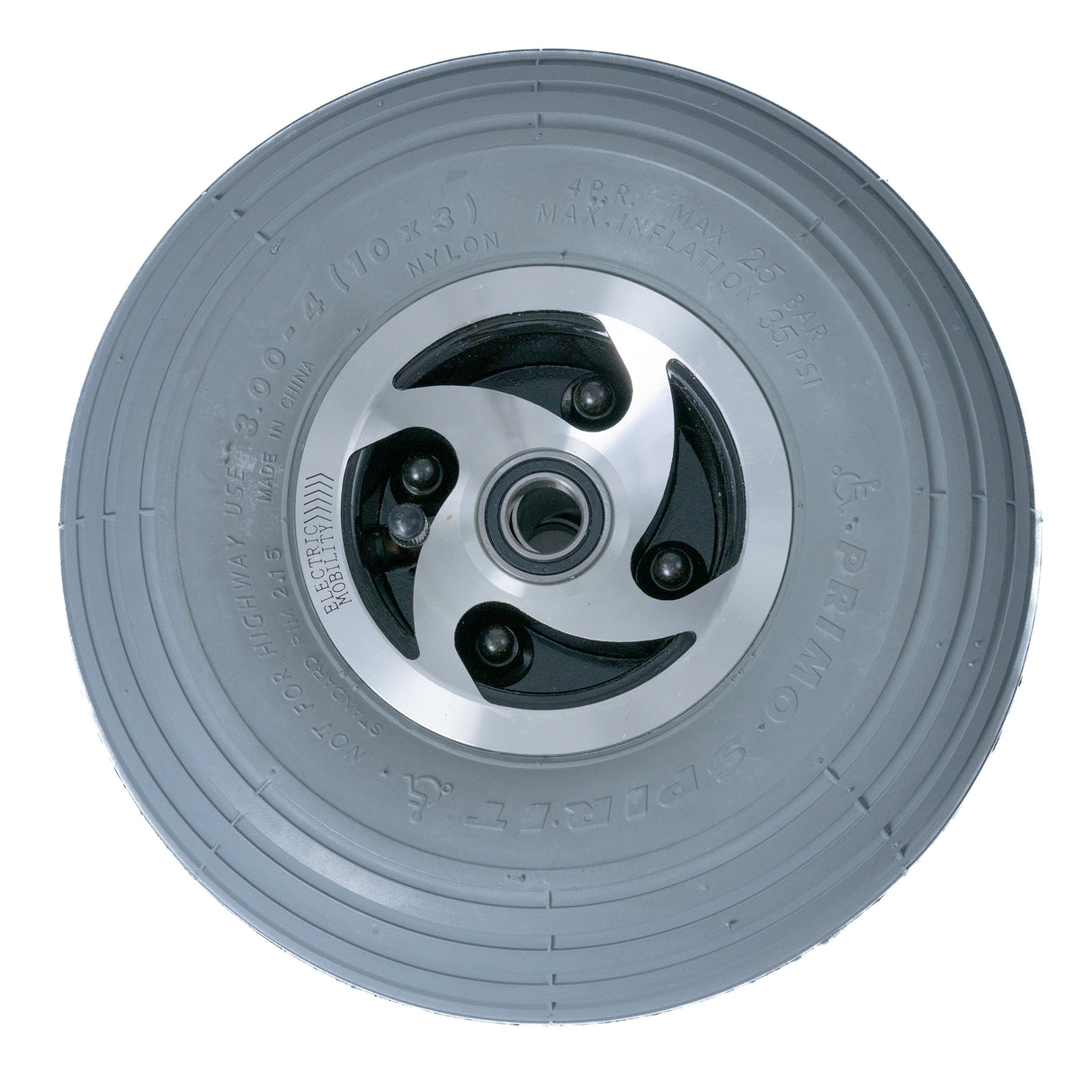 3.00-4 (10x3, 260x85) front wheel assembly for Rascal 235 & 245 mobility scooters, featuring a metal rim and tire tread, ideal for replacement or upgrade.