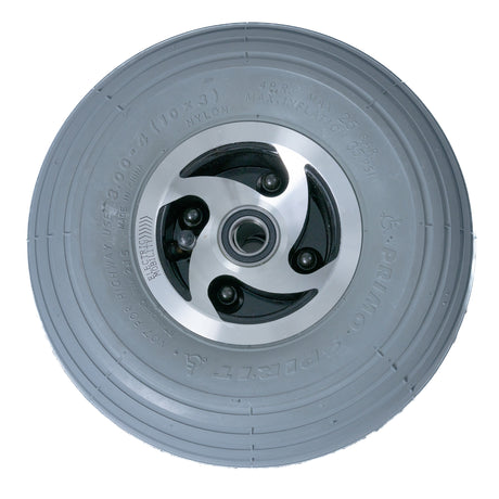 3.00-4 (10x3, 260x85) front wheel assembly for Rascal 235 & 245 mobility scooters, featuring a metal rim and tire tread, ideal for replacement or upgrade.