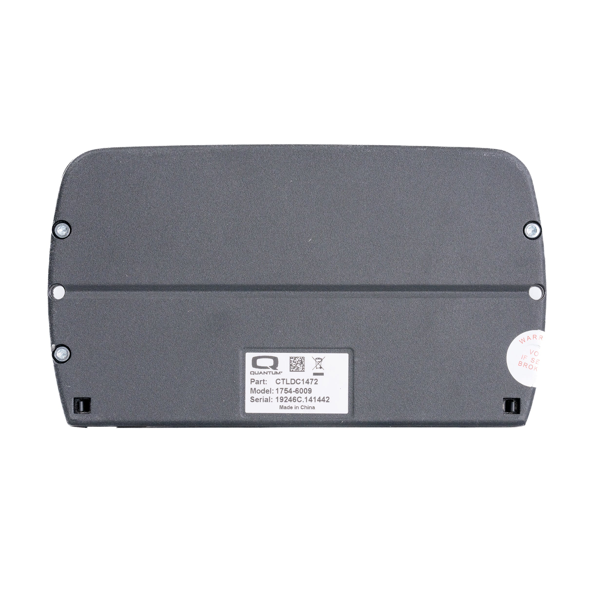 Actuator Control Module for Quantum Power Chairs with Tru-Balance 2 Power Tilt & Recline & Tru-Balance 3 Seating, featuring a grey rectangular body with a white label, shown in close-up.