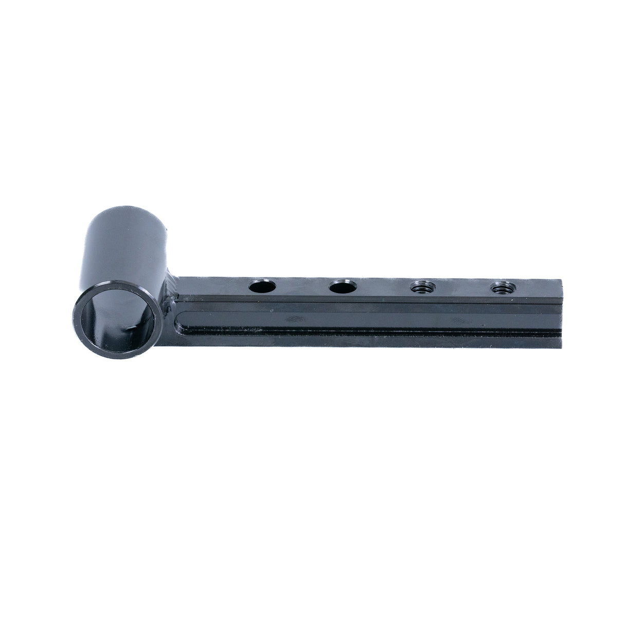 Drop-In Offset Leg Rest Hanger for Quantum Synergy Seating, featuring a black metal tool with multiple holes, including an offset hanger, set screw, mid-channel block, and machine bolts.