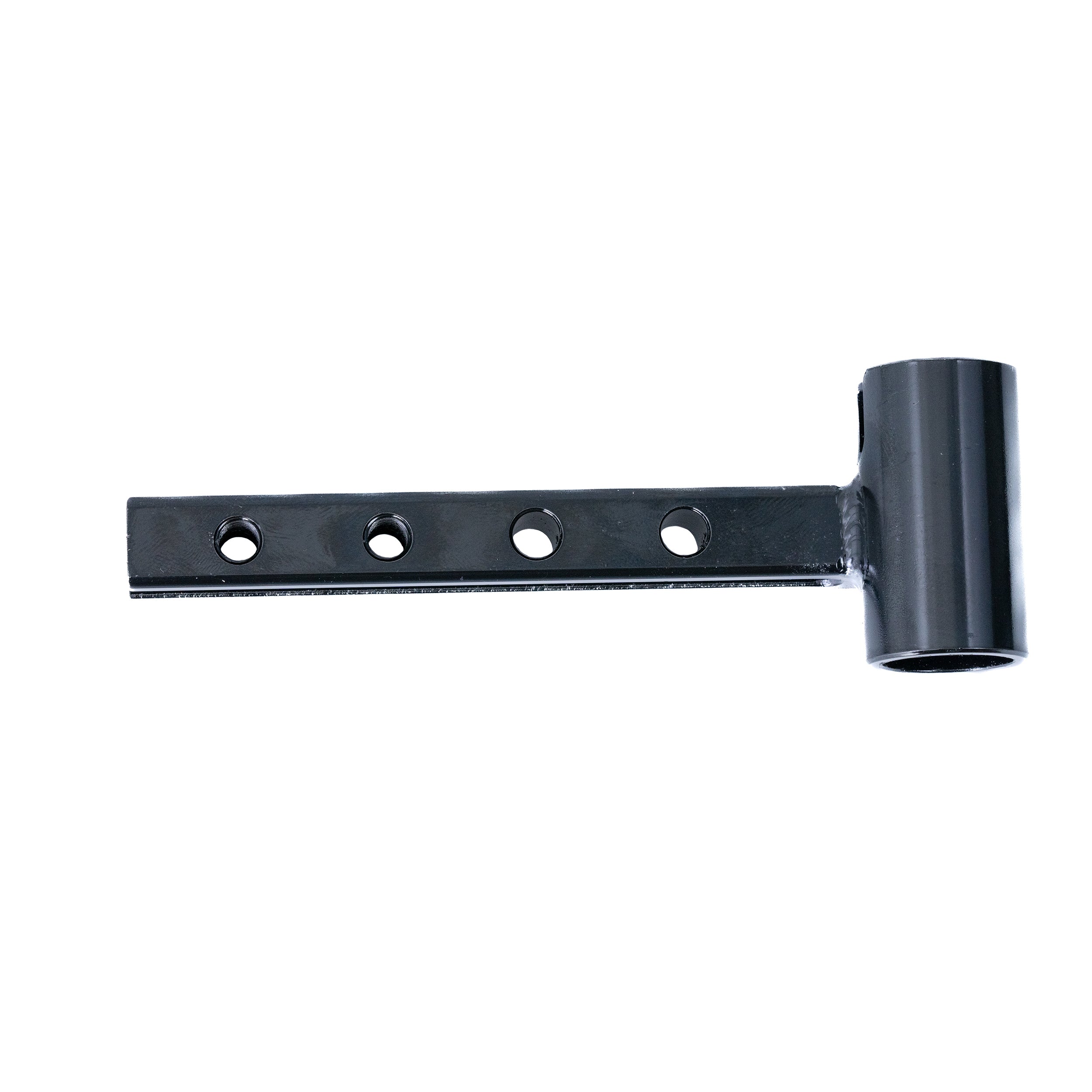 Drop-In Offset Leg Rest Hanger for Quantum Synergy Seating features a black metal tool with multiple holes, including the offset hanger and set screws, essential for left or right-side assembly.