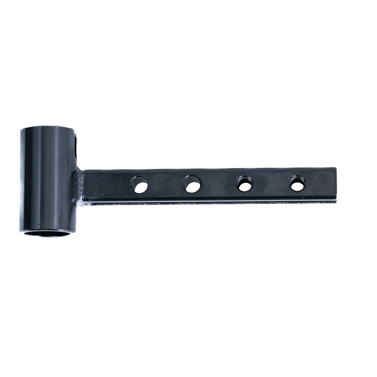 Drop-In Offset Leg Rest Hanger for Quantum Synergy Seating, a black metal bar with multiple holes, designed as a replacement part for left or right-side assembly, including necessary screws and bolts.