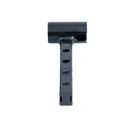 Drop-In Offset Leg Rest Hanger for Quantum Synergy Seating, a black metal tool with holes, including an offset hanger, set screw, mid-channel block, and machine bolts.