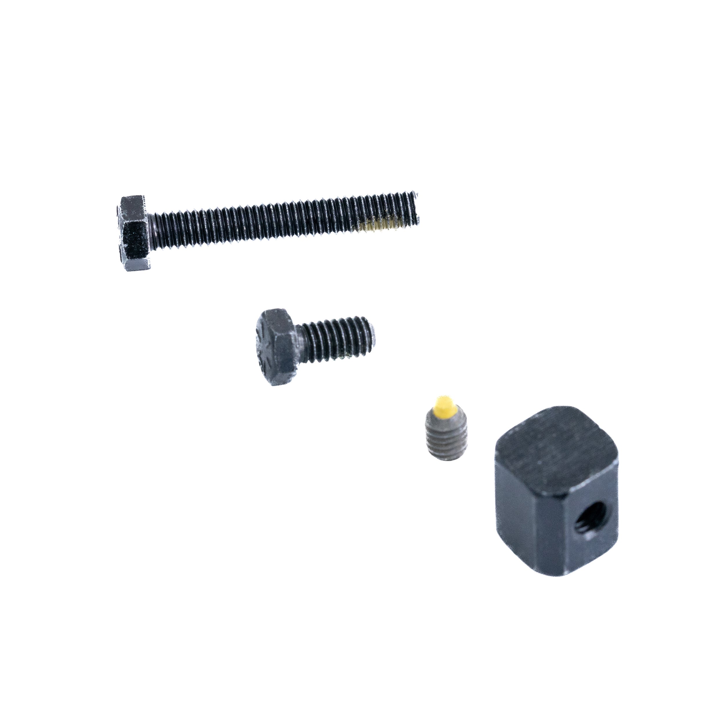 Drop-In Offset Leg Rest Hanger for Quantum Synergy Seating: close-up of screws, bolts, and a square block included in the assembly, featuring detailed views of individual fasteners and components.