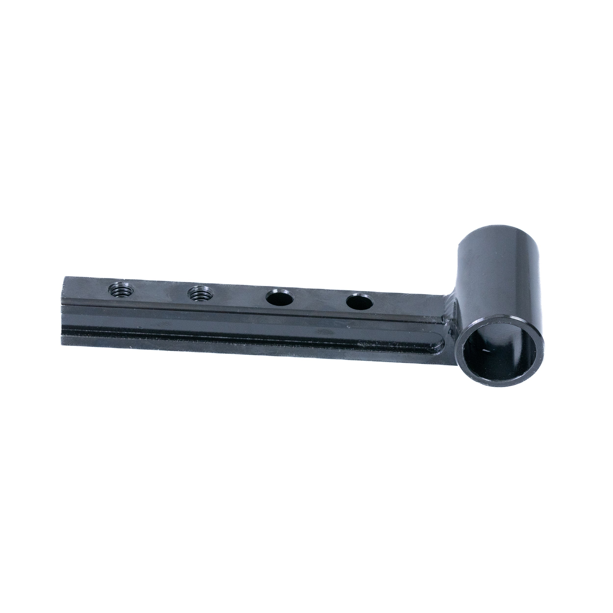 Drop-In Offset Leg Rest Hanger for Quantum Synergy Seating, featuring a black metal tool with holes, including the offset hanger, set screw, mid-channel block, and machine bolts.