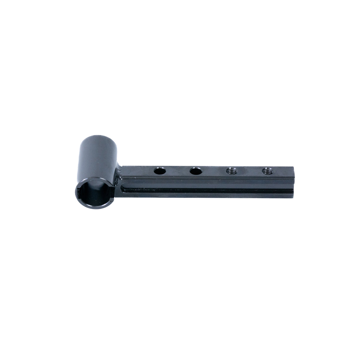 Drop-In Offset Leg Rest Hanger for Quantum Synergy Seating, a black metal tool with multiple holes, featuring various screws and a mid-channel block, designed for left or right-side assembly.