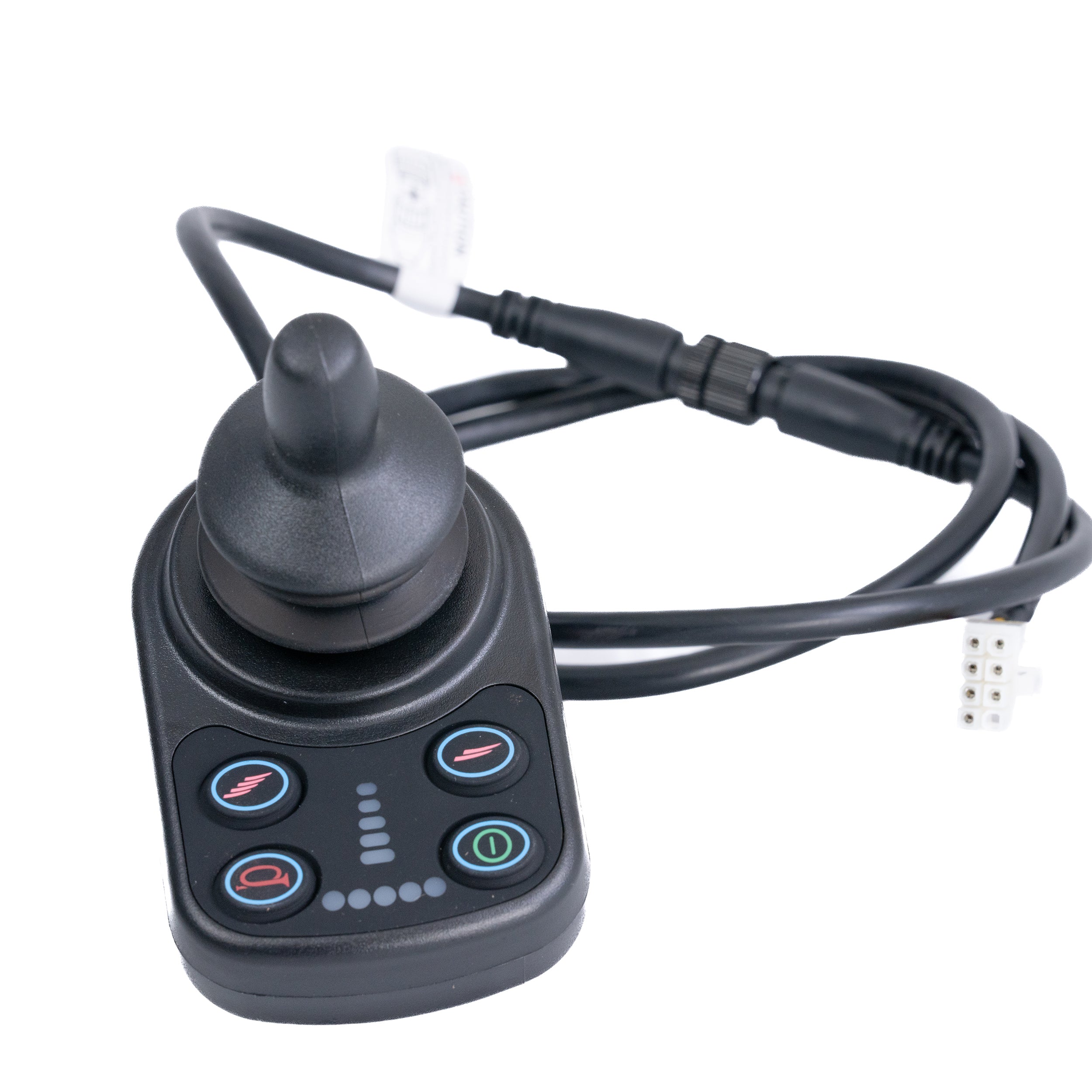 Joystick Assembly for the Jazzy Carbon Power Chair, featuring a 4-button interface, black cord, and connectors, with a close-up of buttons and ports including USB and XLR charger.