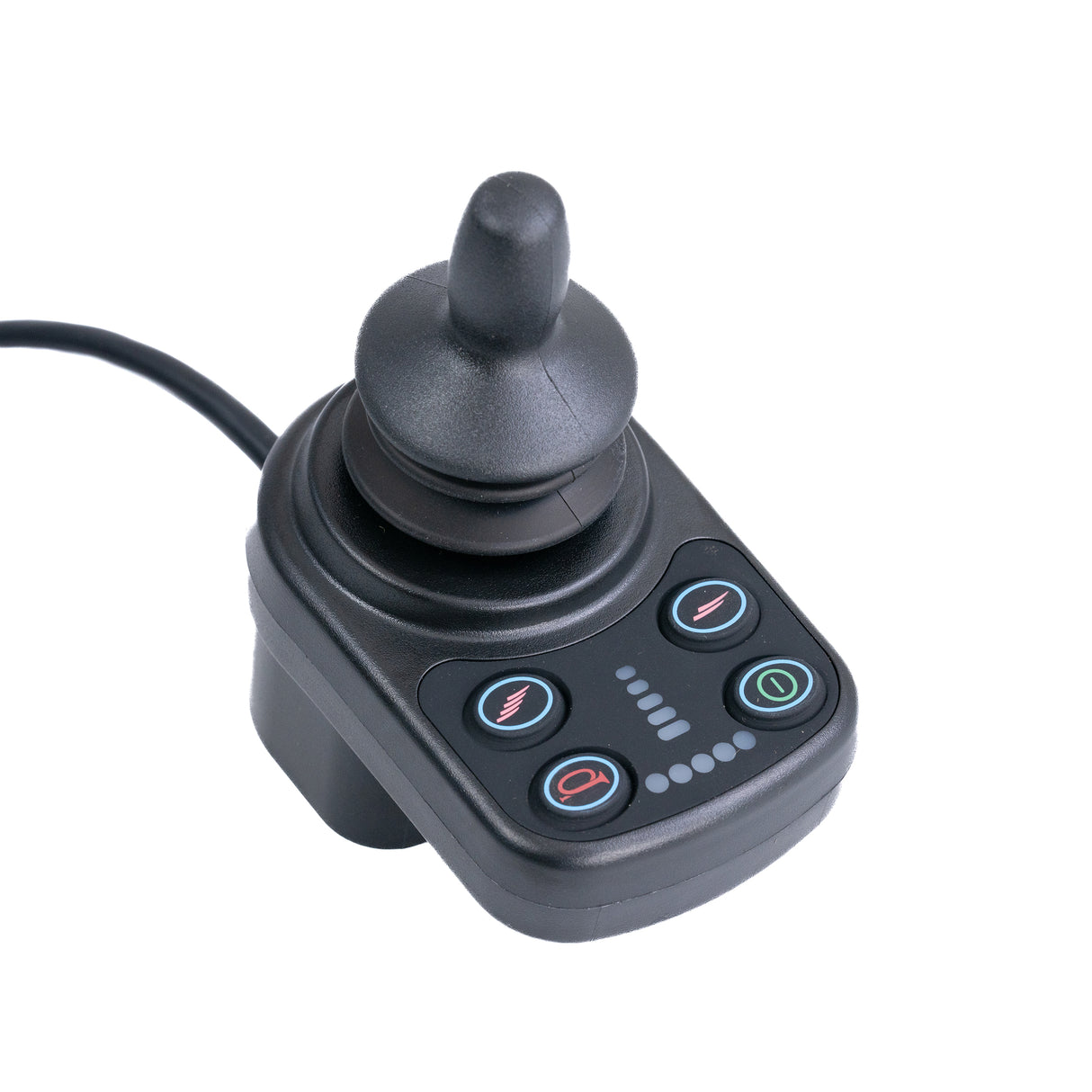 Joystick Assembly for the Jazzy Carbon Power Chair, featuring black buttons, a black handle, and a 49 cable harness. Includes XLR charger port and USB port, compatible with specific serial numbers.