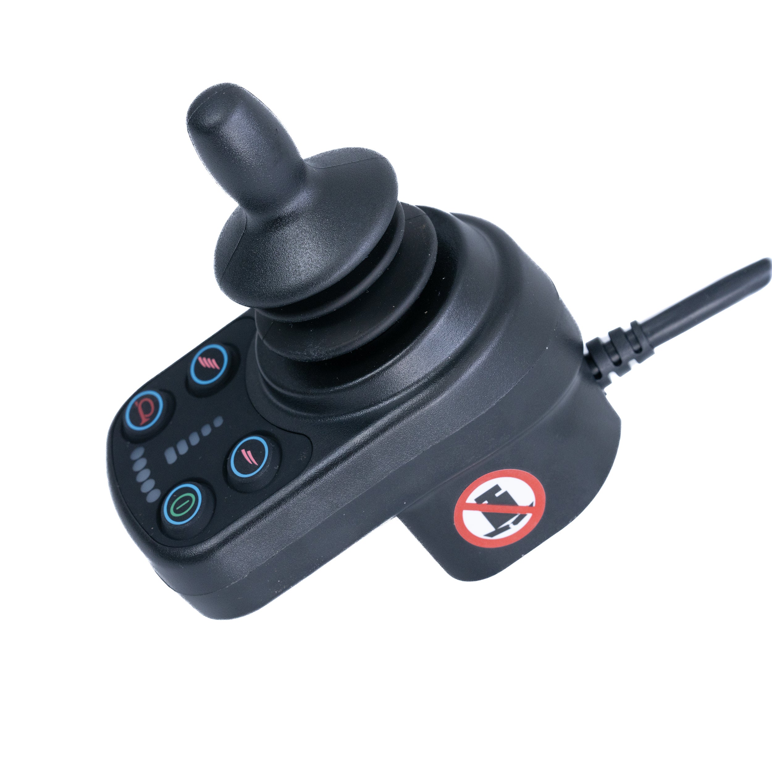 Joystick Assembly for the Jazzy Carbon Power Chair, featuring a black stick, four buttons, a sticker, XLR charger port, USB port, and a 49 2-part cable harness.