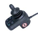 Joystick Assembly for the Jazzy Carbon Power Chair, featuring a black stick, four buttons, a sticker, XLR charger port, USB port, and a 49 2-part cable harness.