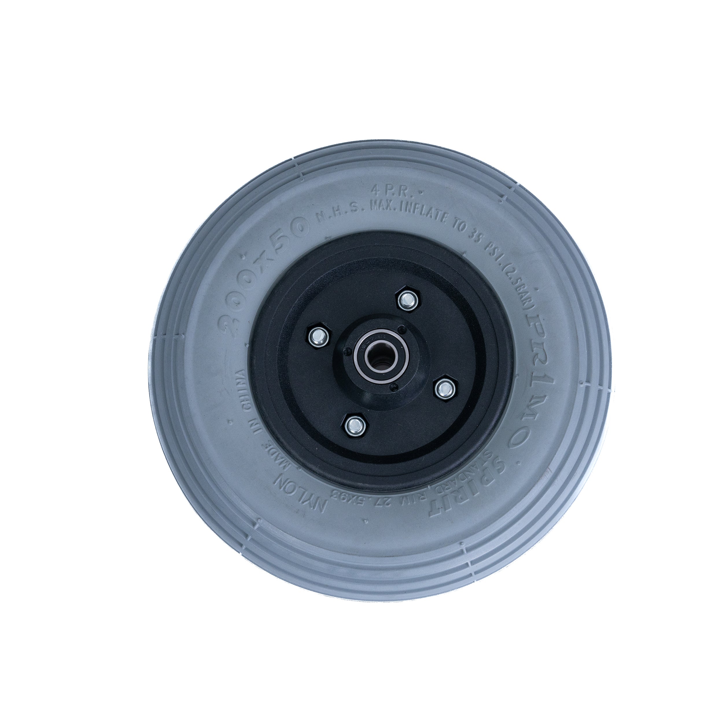 8x2 (200x50) pneumatic caster wheel assembly with bearings for Invacare power chairs, featuring a black rim and sturdy design, ideal for a smooth, flat-free ride.