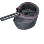 Cup Holder for the Jazzy Passport Power Chair, featuring a sturdy black net with a handle, designed to attach to the left armrest, securely holding various cup sizes and bottles.