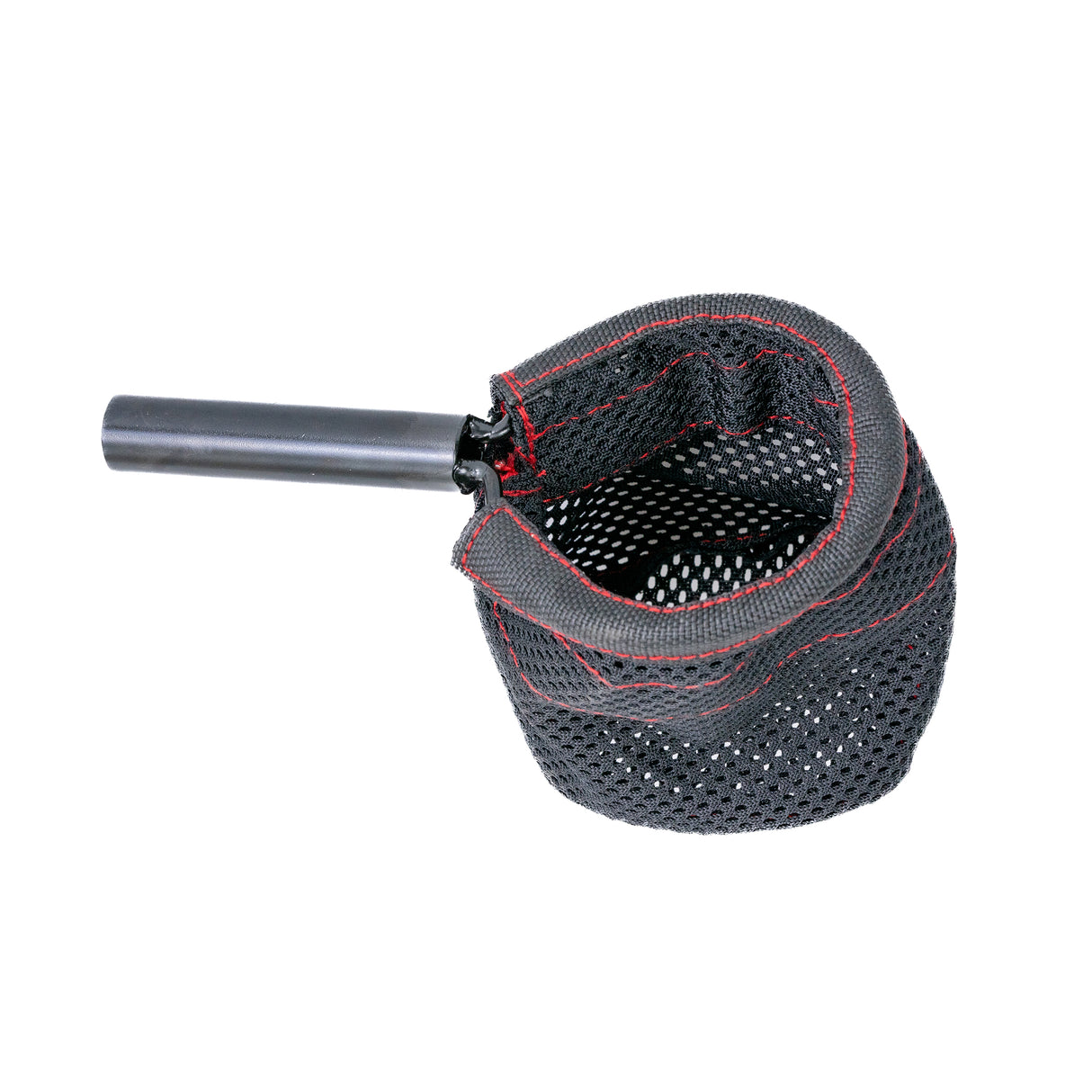 Cup Holder for the Jazzy Passport Power Chair, featuring a black net with red stitching and a long attachment pipe for secure mounting on the armrest.