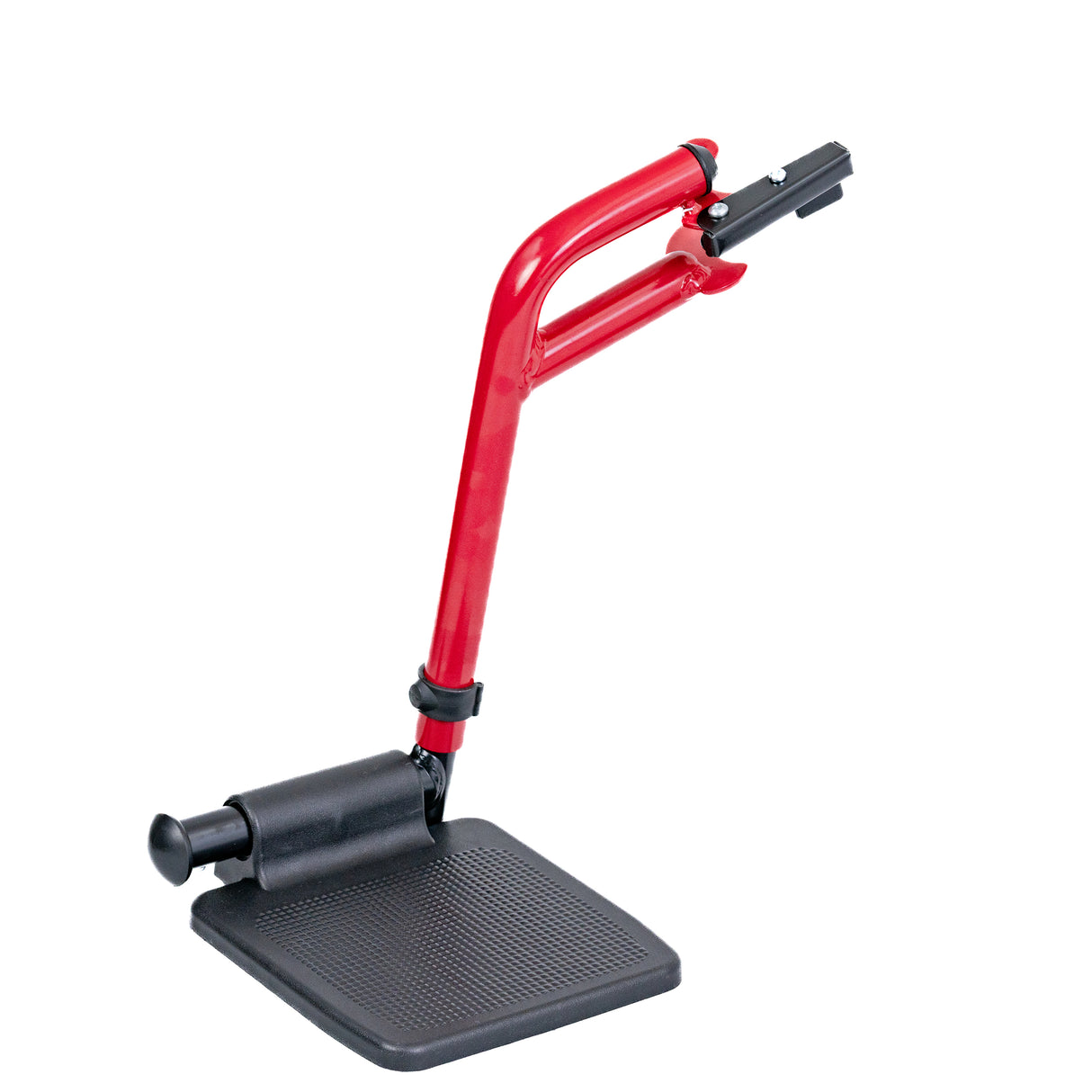 Aluminum Footrest Assemblies for the Drive Medical Lightweight Expedition Aluminum Transport, featuring a sturdy design with a black handle and a black plastic mat for enhanced support.