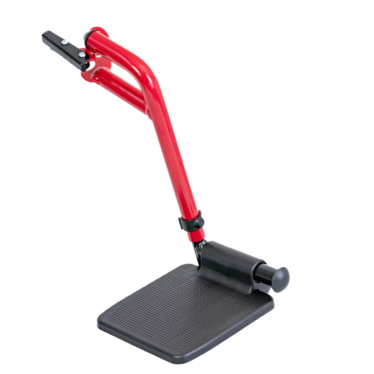 Aluminum Footrest Assemblies for the Drive Medical Lightweight Expedition Aluminum Transport, featuring a sturdy red and black push cart design with a black plastic footrest and a red metal stand with a black handle.