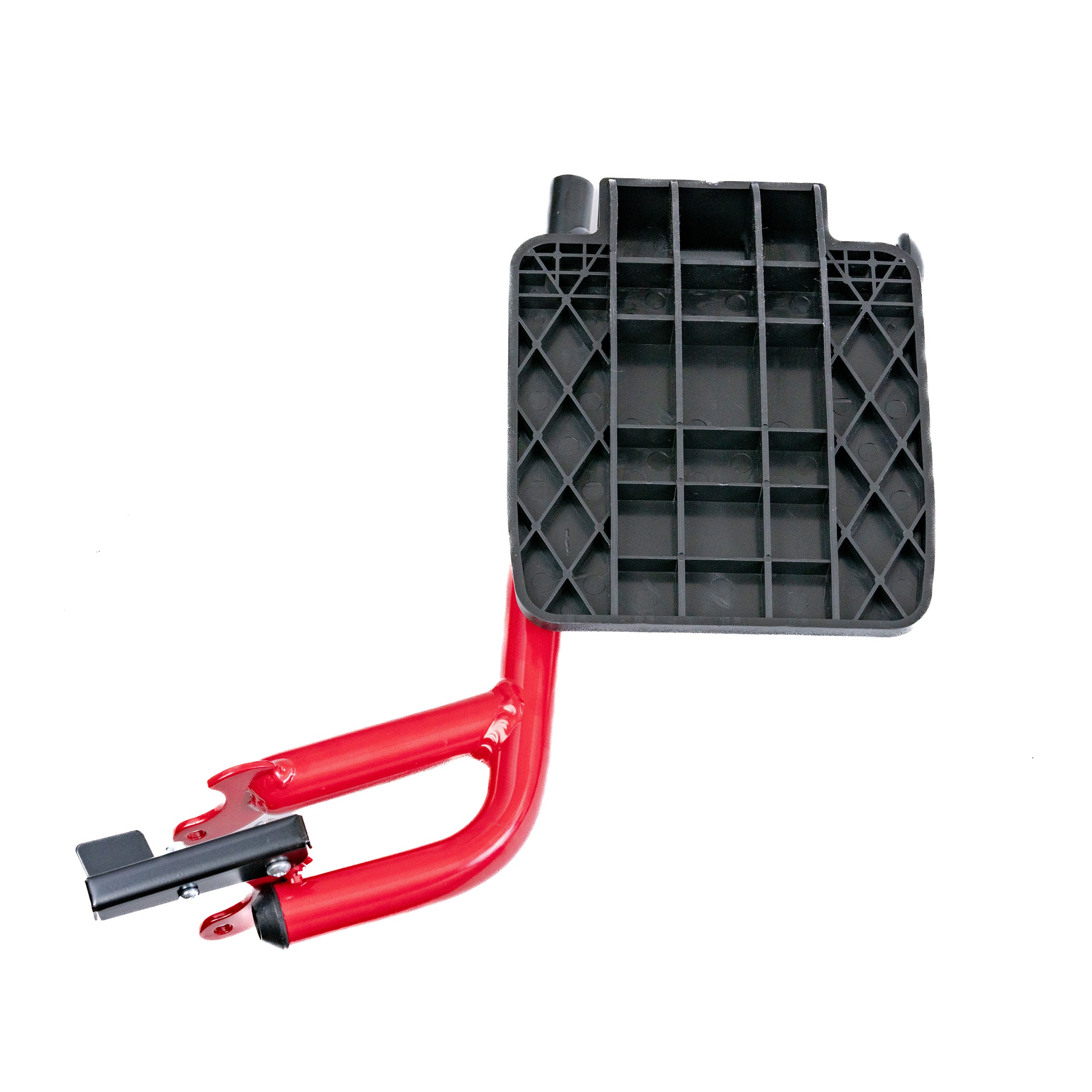 Aluminum Footrest Assemblies for the Drive Medical Lightweight Expedition Aluminum Transport, featuring a black and red plastic lever with holes, designed for scooter and power chair compatibility.