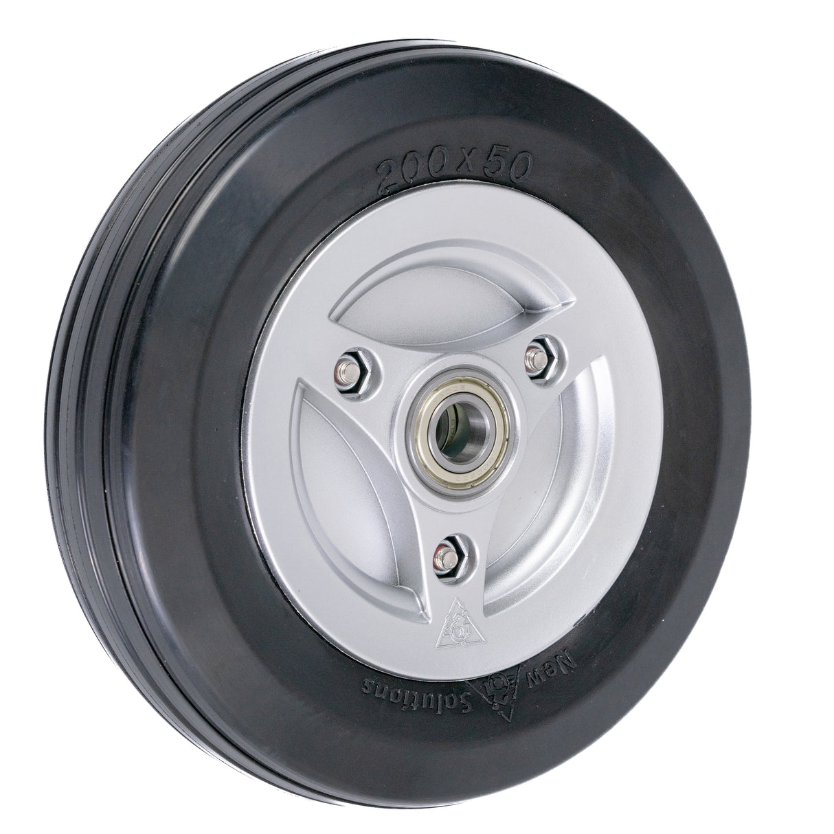 6x2 (150x50) Caster Wheel for Permobil M300 & M400 Power Chairs, featuring a black and silver split rim, center plug dust cap, and included mounting hardware for easy replacement.