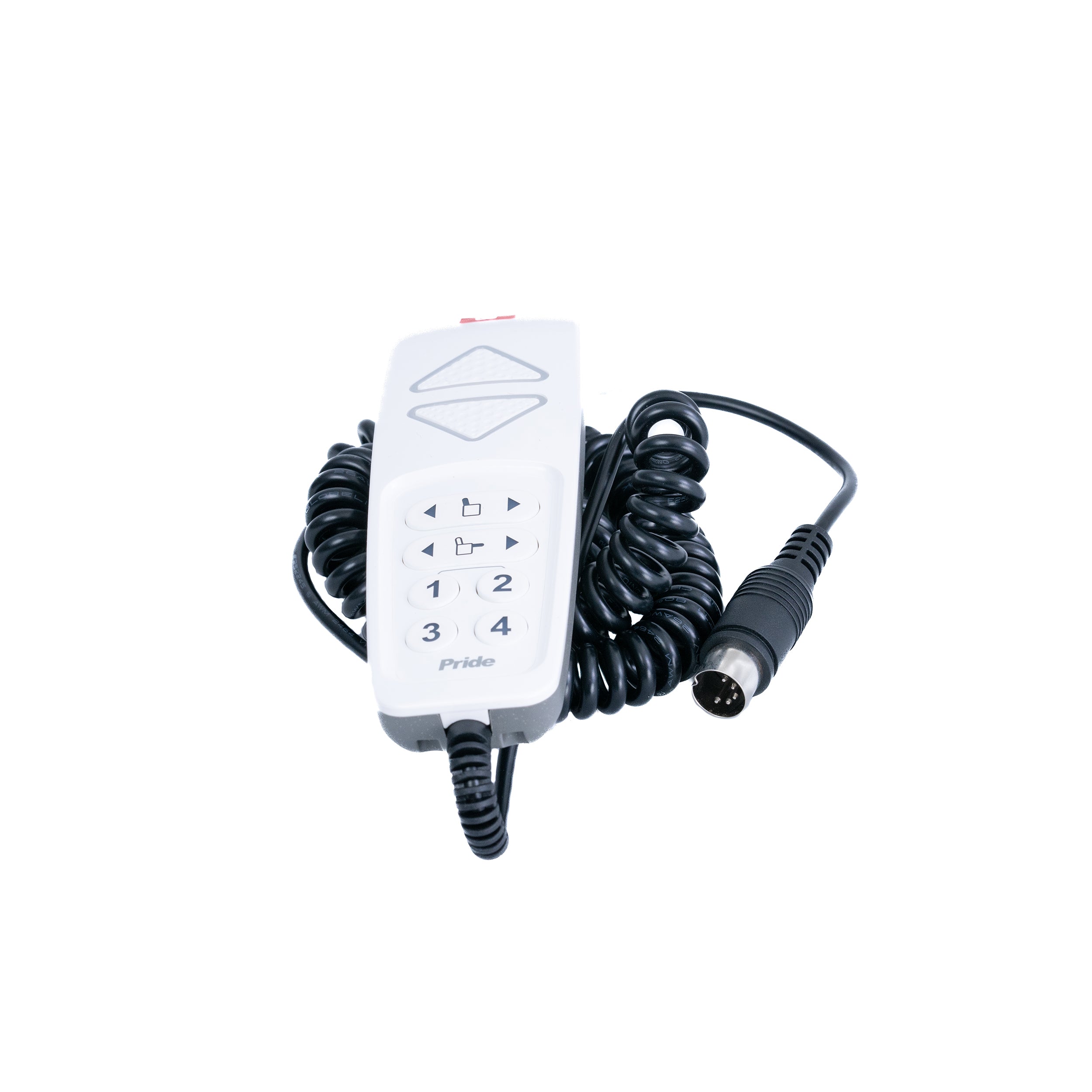 Hand Control for Pride Oasis LC-580 Lift Chair featuring eight buttons, a black cord with a 5-pin connector, and a USB port. Includes backlit buttons for easy use in the dark.