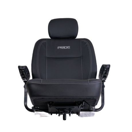 Ultra-Comfort Seat Assembly for Pride Mobility Scooters - 20 wide, featuring thick memory foam, soft leather upholstery with white stitching, includes seat, backrest, armrests, headrest, and lap belt.