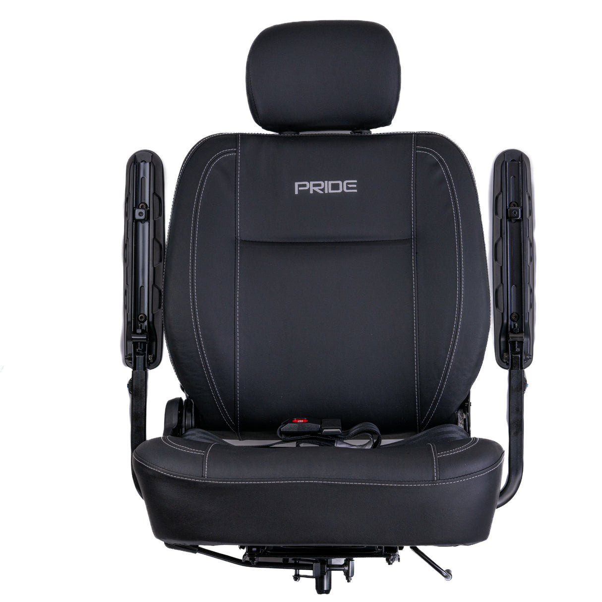 Ultra-Comfort Seat Assembly for Pride Mobility Scooters - 20 wide, featuring memory foam padding, leather upholstery, armrests, headrest, and lap belt, designed for enhanced comfort and easy cleaning.