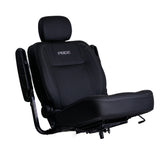 Ultra-Comfort Seat Assembly for Pride Mobility Scooters - 20 wide, featuring a black leather seat with white stitching, memory foam cushioning, headrest, armrests, and lap belt, offering maximum comfort and durability.