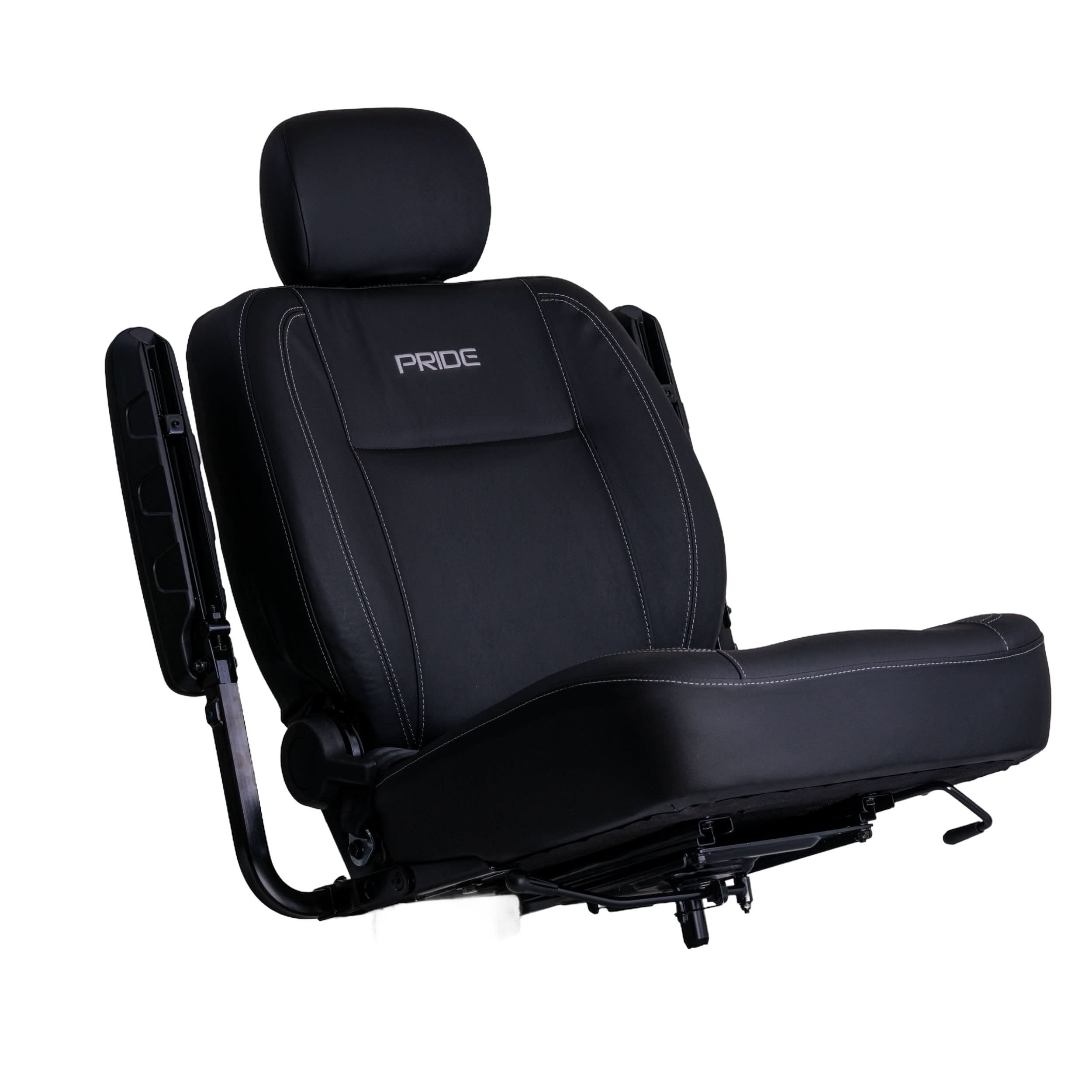 Close view of the black vinyl upholstery and white stitching on the Pride Ultra-Comfort seat