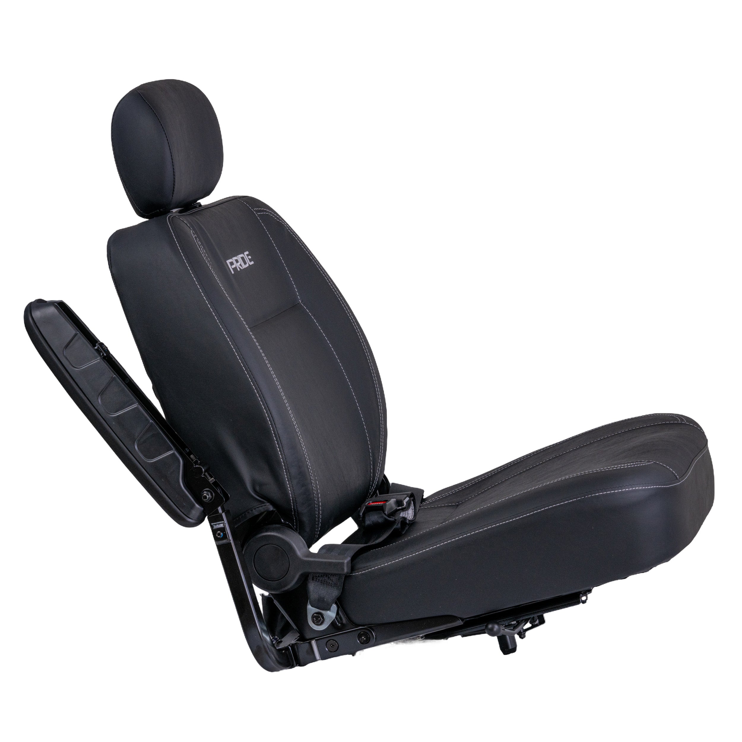 Ultra-Comfort Seat Assembly for Pride Mobility Scooters - 20 wide, featuring a headrest, memory foam cushioning, black leather with white stitching, two armrests, mounting plate, and integrated lap belt.