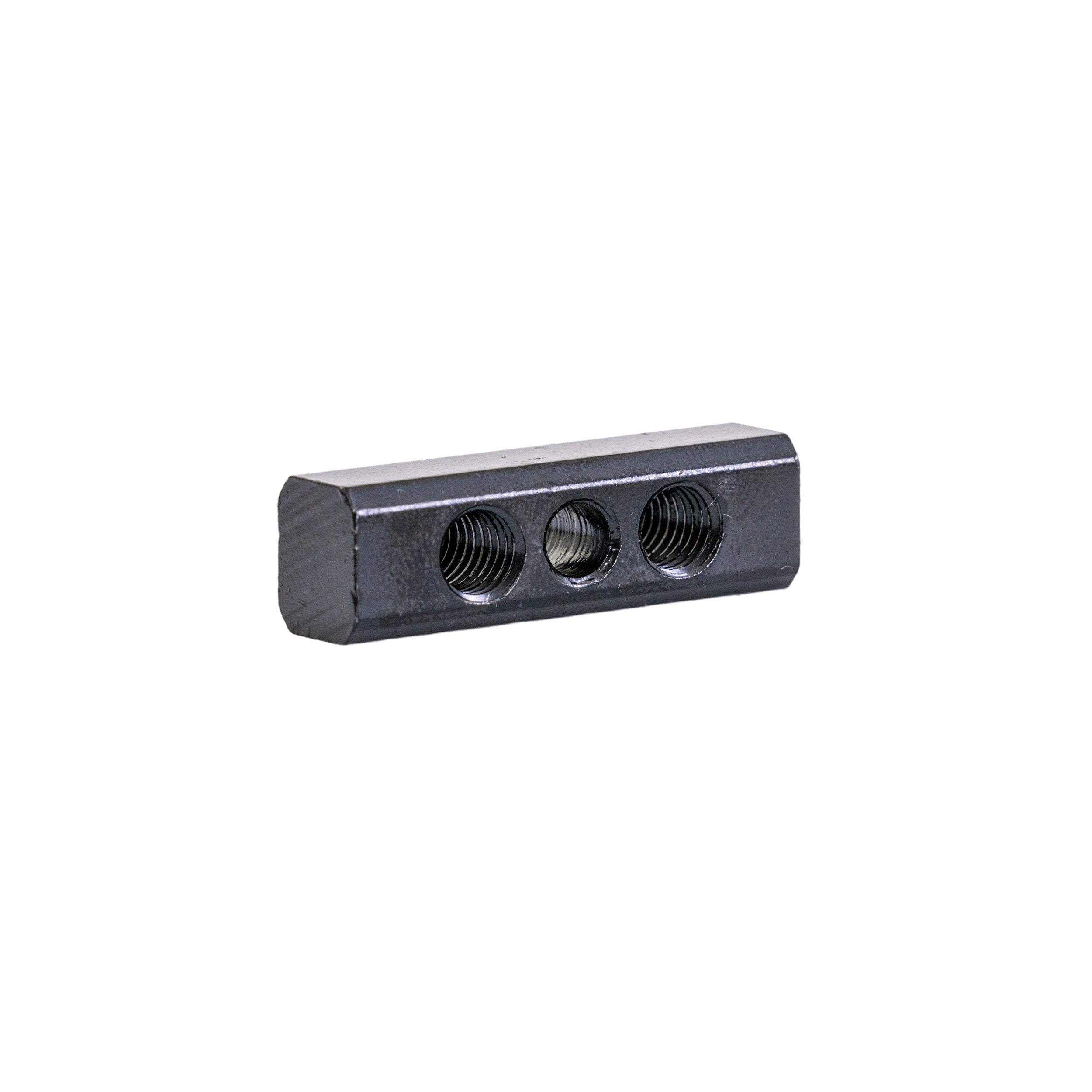 Lower Adjustment Flat Nut for Quantum Center Mount Footplates, a black rectangular object with two visible mounting holes, designed to adjust the height of center-mounted footplates.