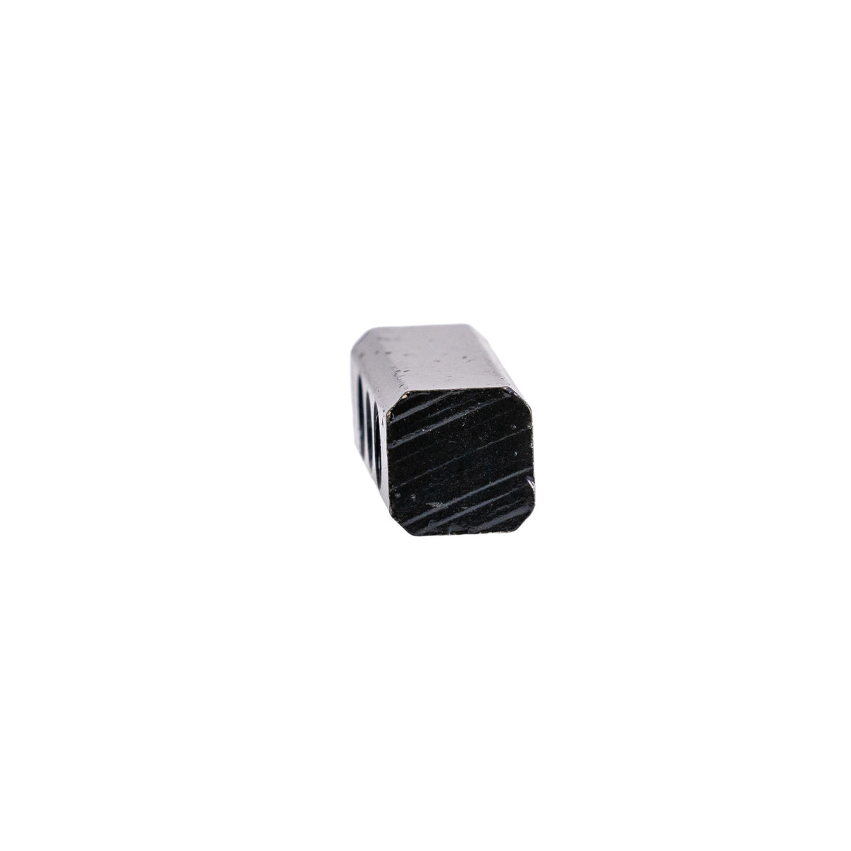 Lower Adjustment Flat Nut for Quantum Center Mount Footplates, a black hexagon-shaped object with two M8 x 1.25T mounting holes for connecting the upper footplate frame to the lower footplate bars.