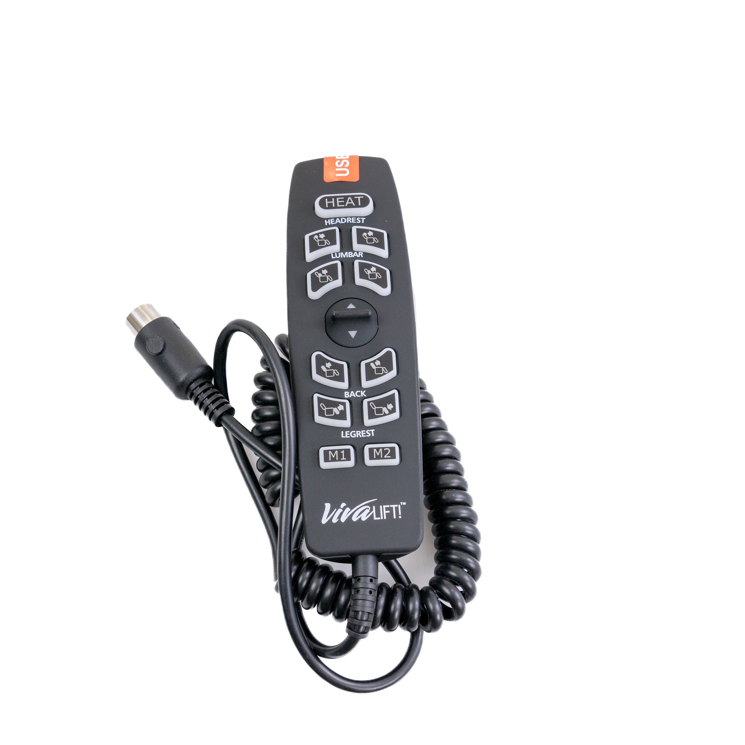 12-Button Hand Control for Pride Radiance Series Lift Chairs, featuring a black remote with a cord and a circular 5-pin connector, designed for convenient lift chair operation.