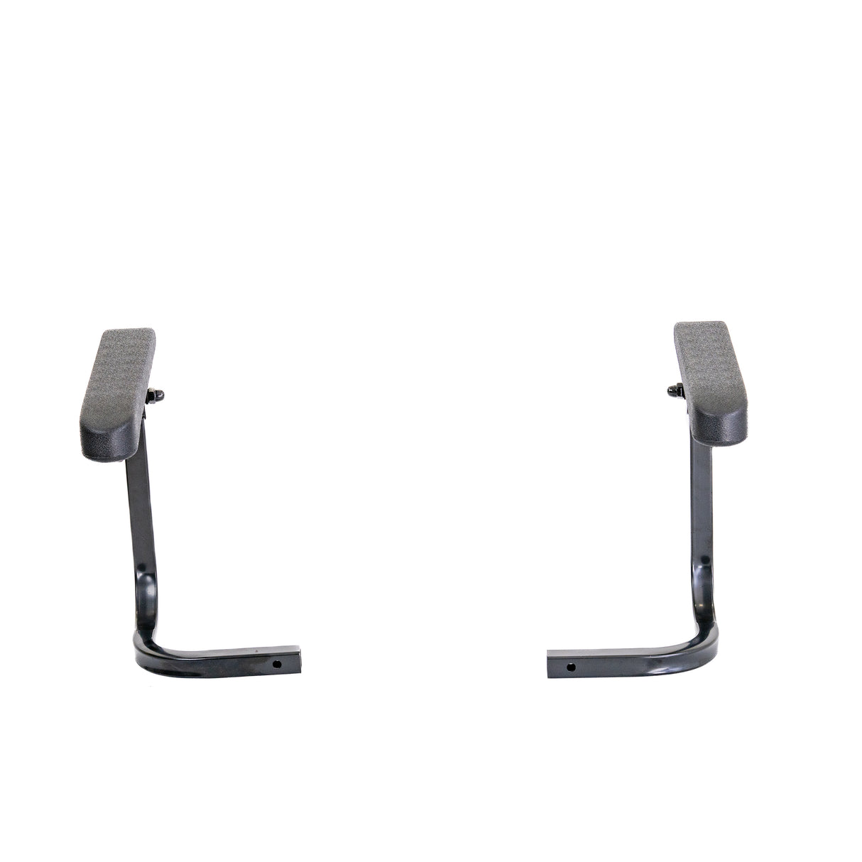 Armrest Assembly for the Pride i-Go Folding Scooter (Set of 2), featuring black folding armrests, metal legs, and a black pedal, designed for easy access. Includes two assemblies with quick pull pins and set screws.