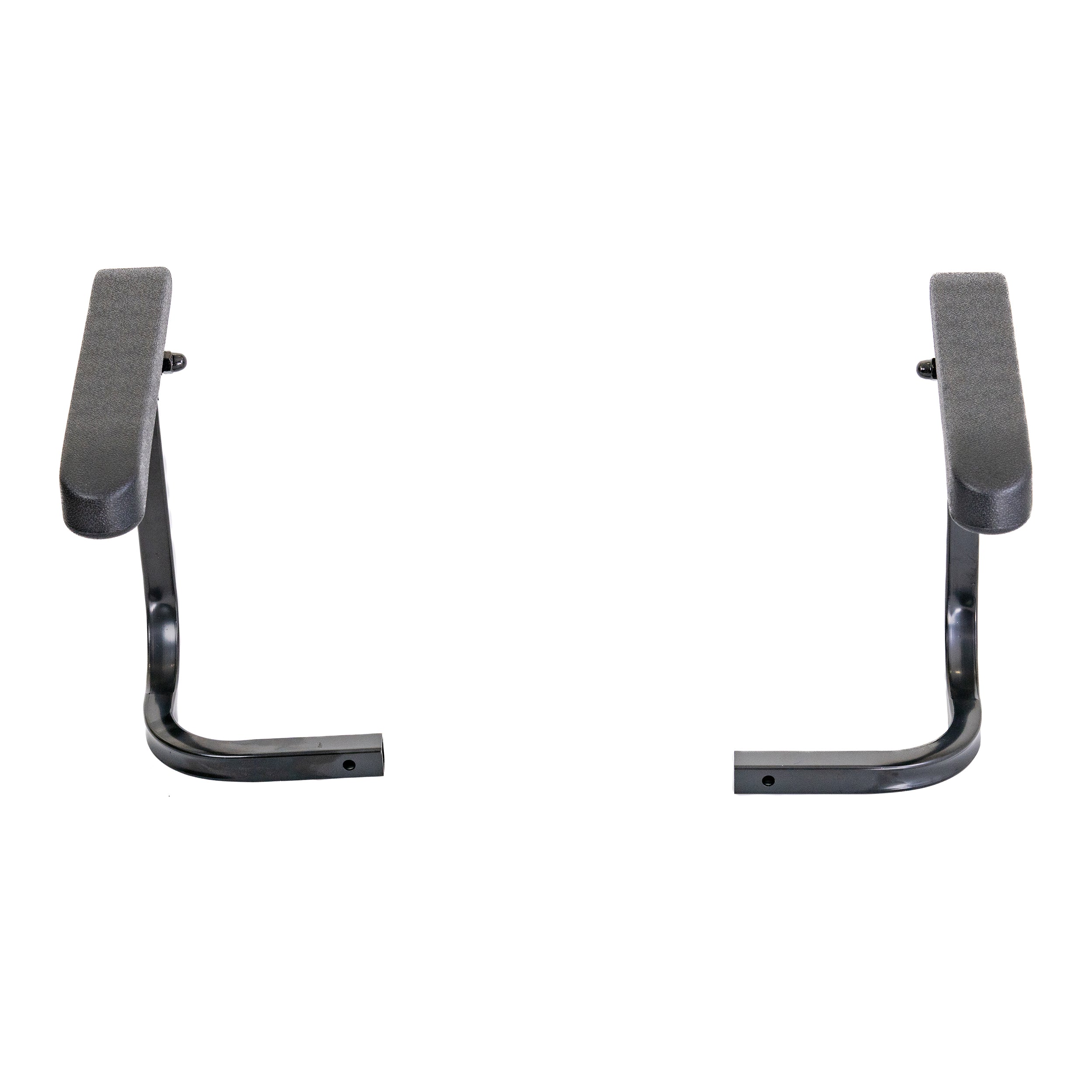 Armrest Assembly for the Pride i-Go Folding Scooter (Set of 2) featuring black plastic armrests with metal supports and easy turn knobs, designed for folding and ease of access.