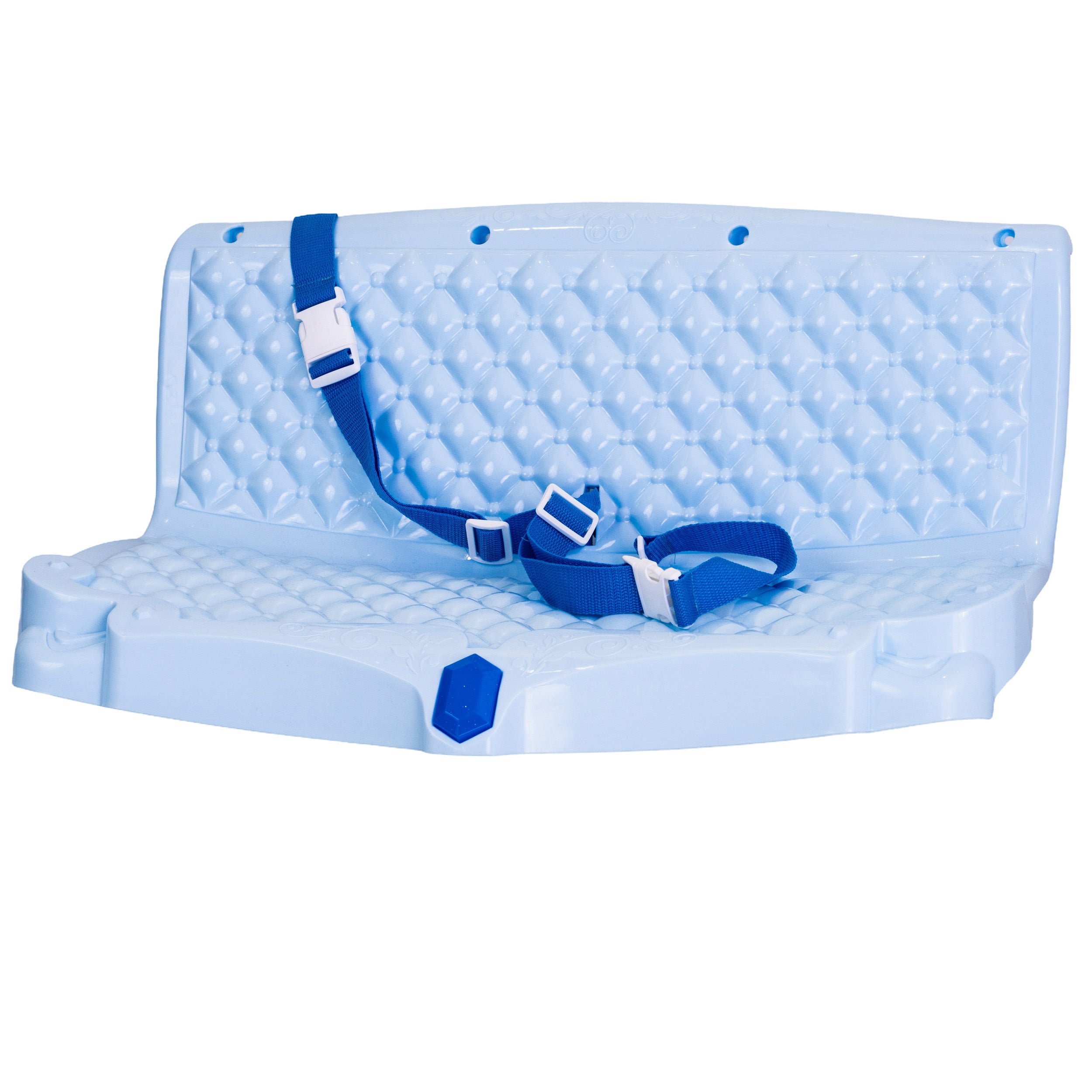 Seat for the Dynacraft Disney Princess Cinderella 24V Carriage featuring a light blue plastic surface and a white buckle strap. Designed to replace worn seats, fits two small children with seatbelts.