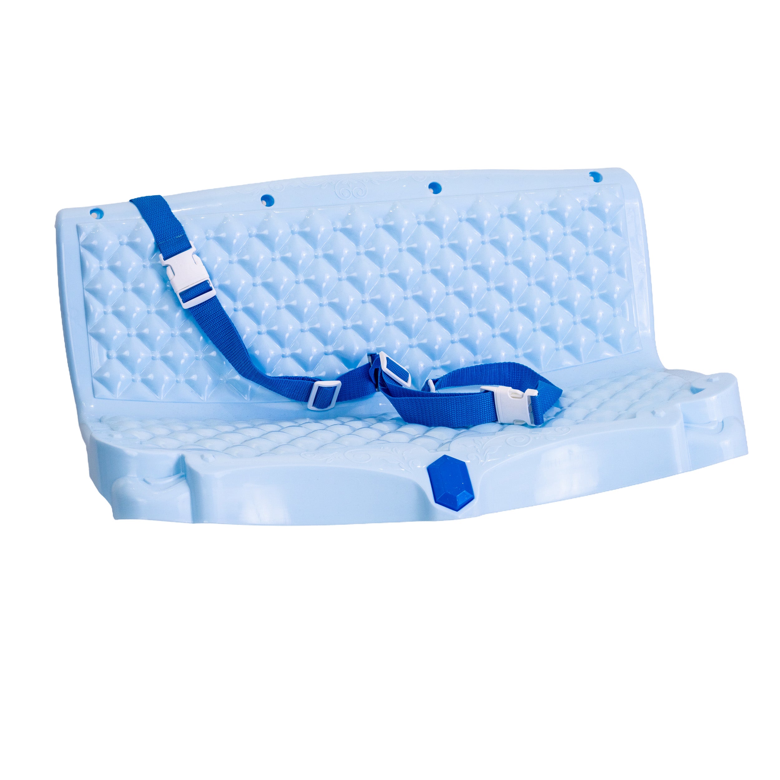 Seat for the Dynacraft Disney Princess Cinderella 24V Carriage, a light blue plastic seat with a strap, designed to seat two small children and featuring two seatbelts.